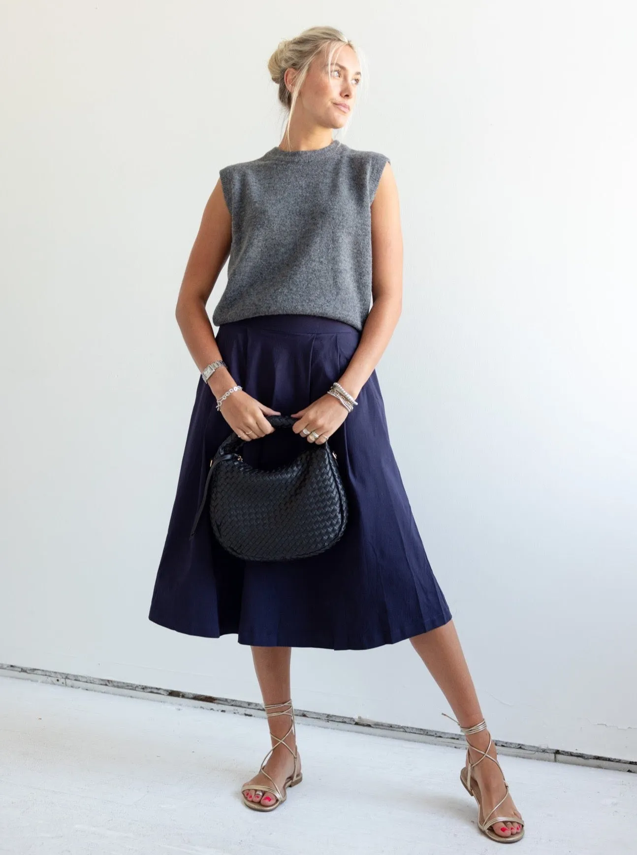 Addison Navy Midi Skirt travel outfit