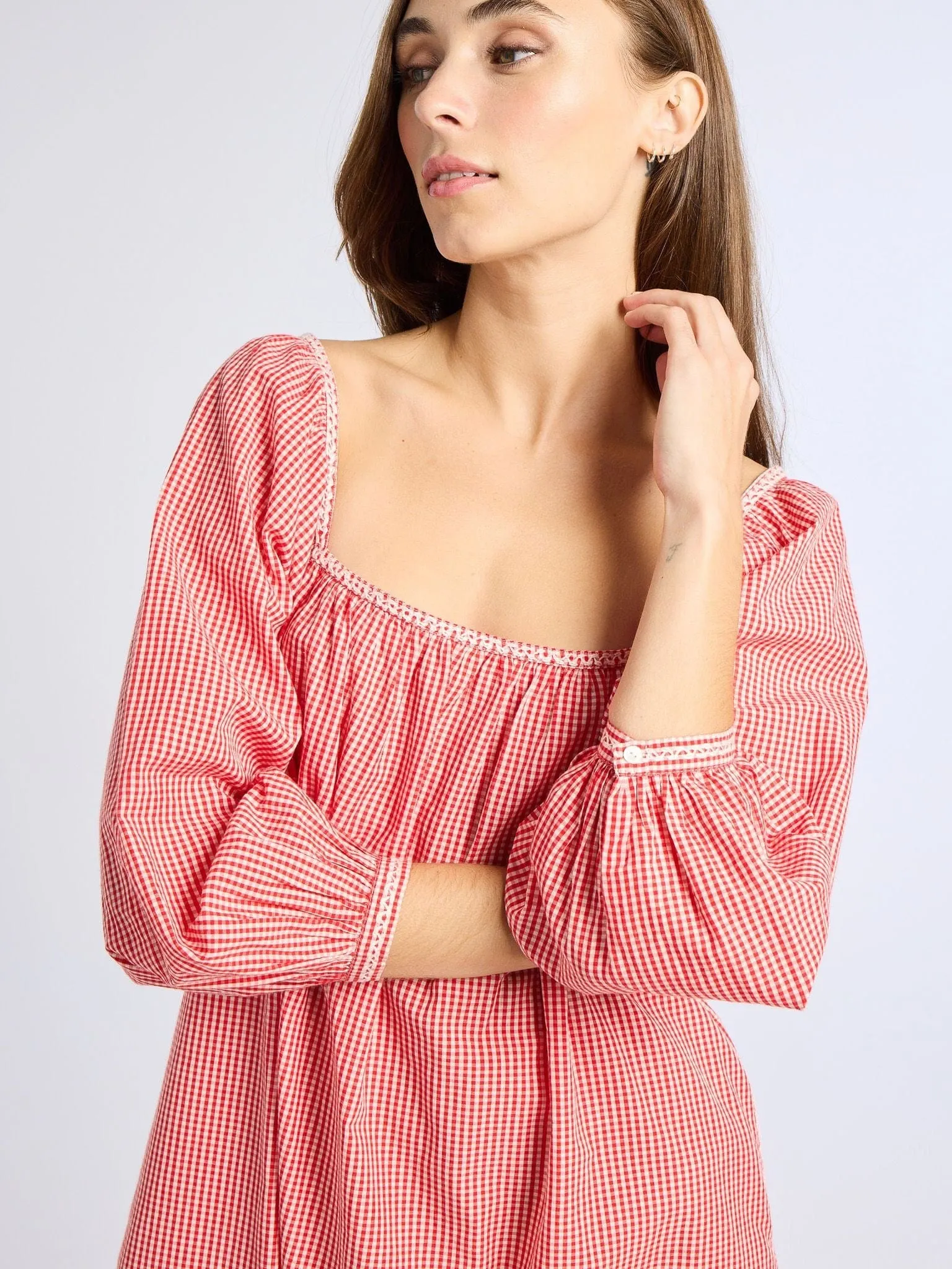 Alma Dress in Red Gingham neutral tone