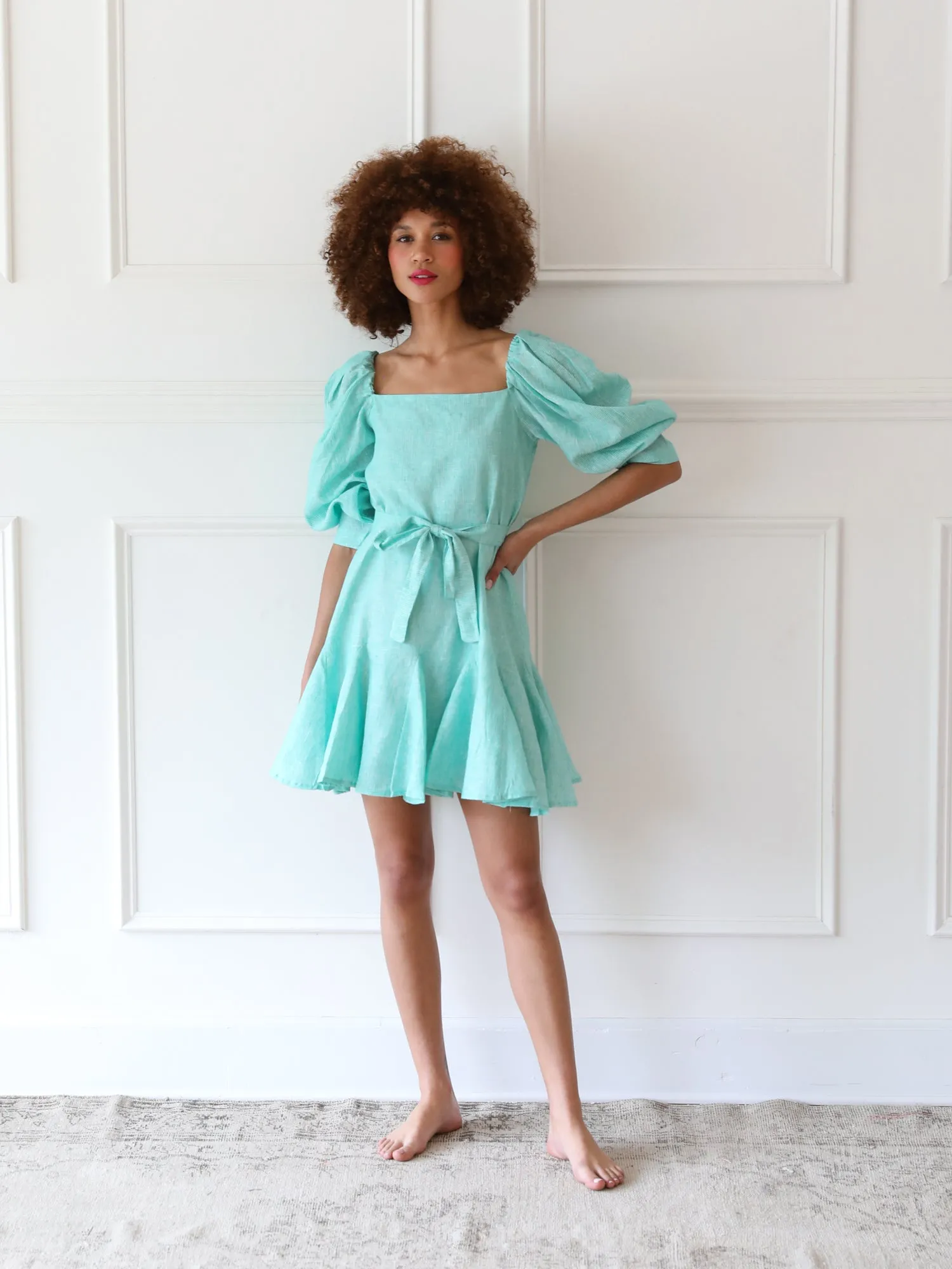 Anais Dress in Green Stripe brunch date