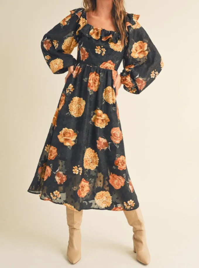 Angela Black Floral Dress off duty