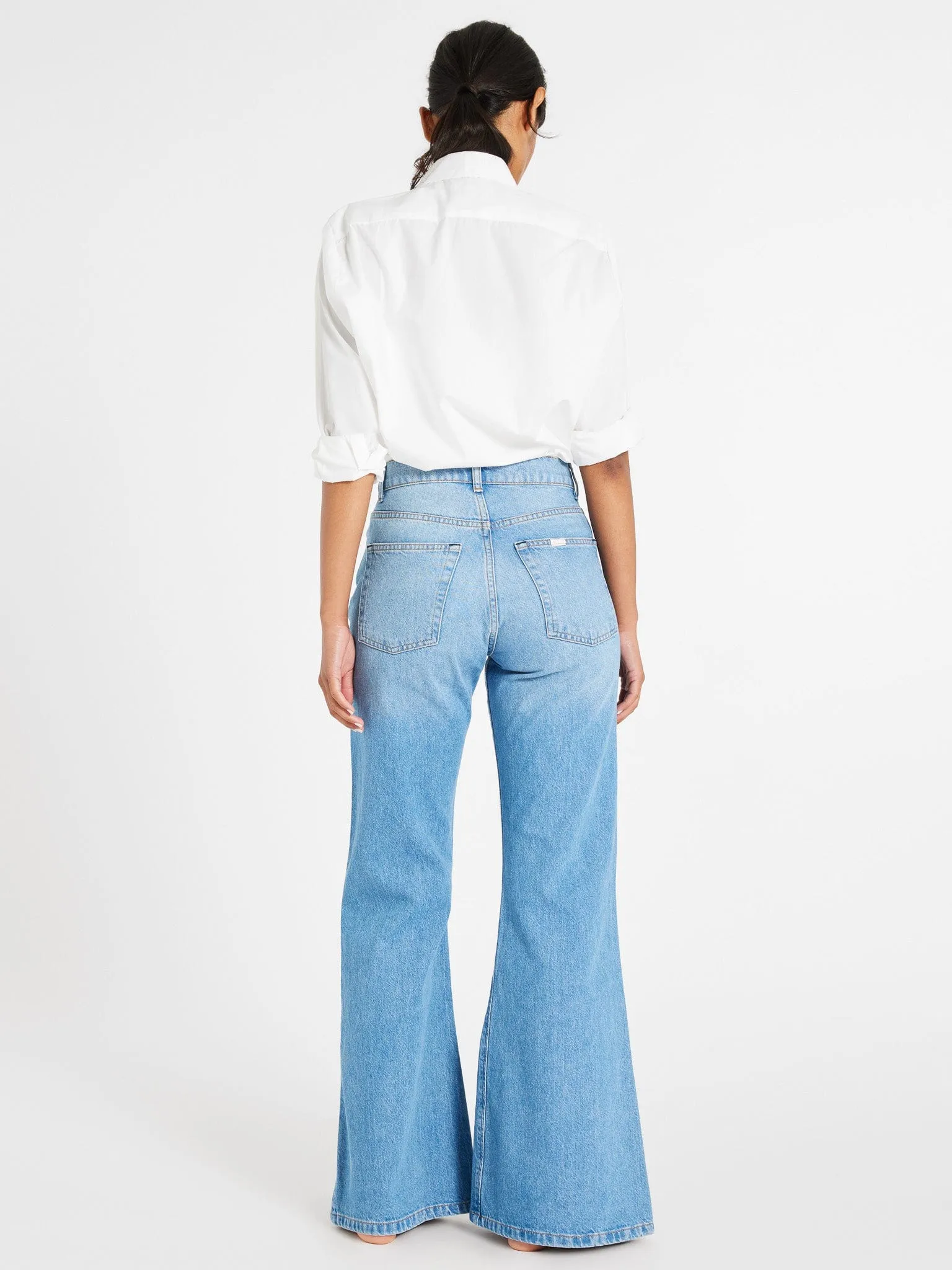 Ashton High Rise Wide Leg Flare Jean in Malibu handcrafted detail