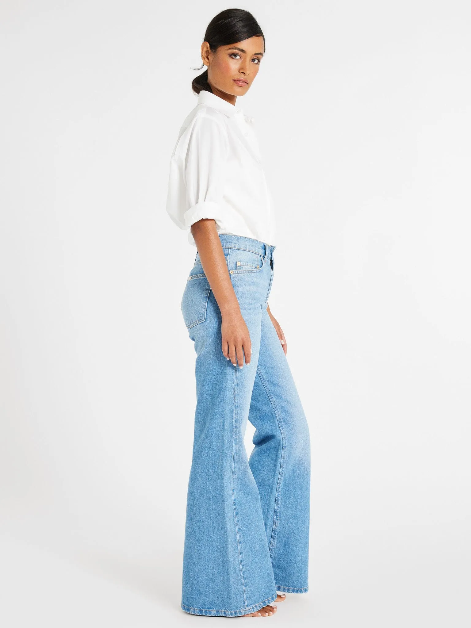 Ashton High Rise Wide Leg Flare Jean in Malibu light reflecting