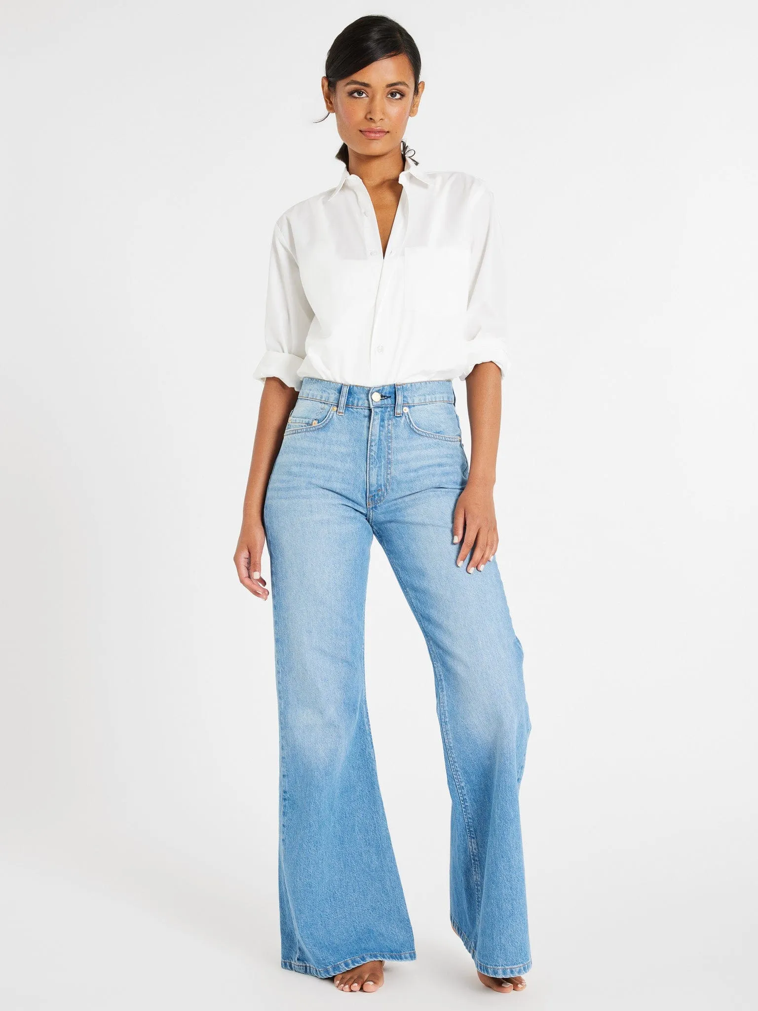 Ashton High Rise Wide Leg Flare Jean in Malibu breathable weave