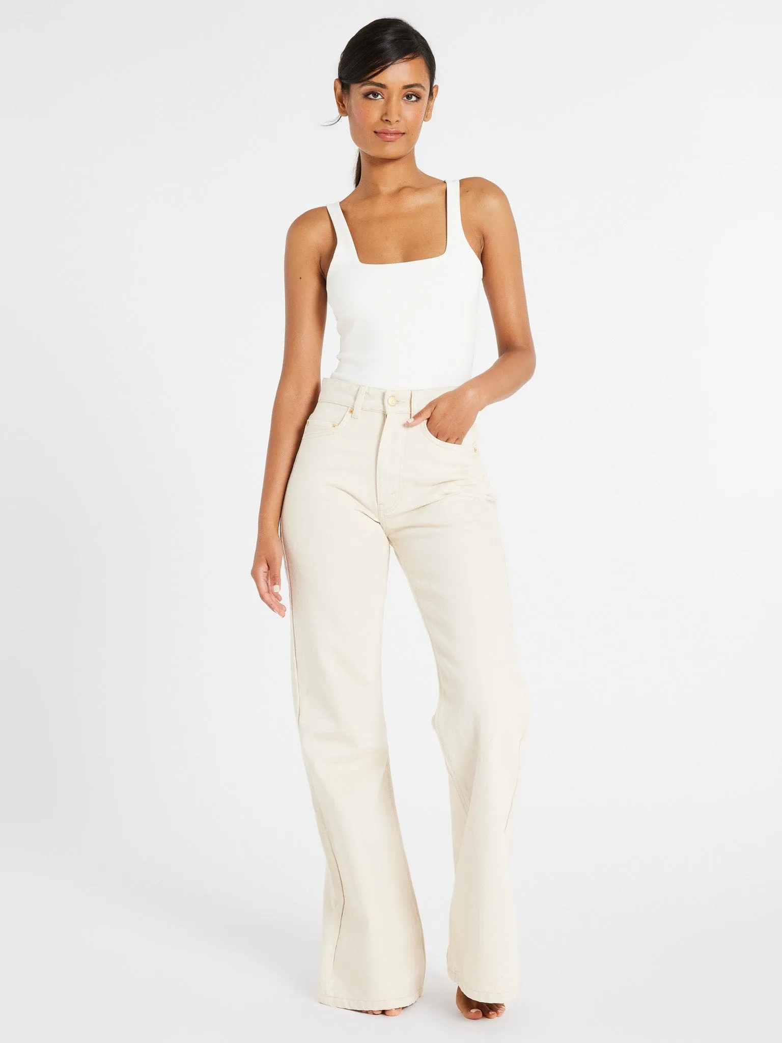 Ashton High Rise Wide Leg Flare Jean in Sand sun protection