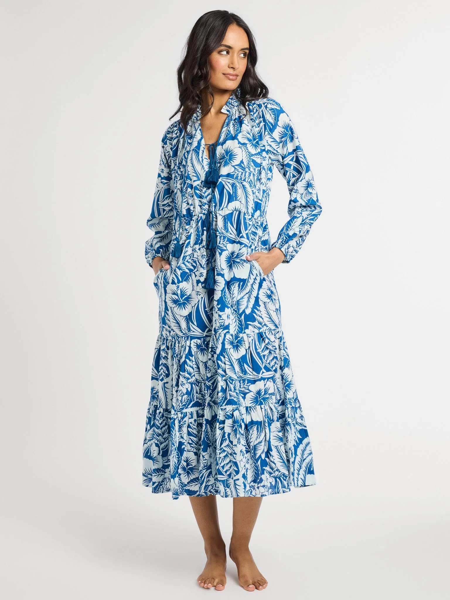 Astrid Dress in Blue Hibiscus resort vibe