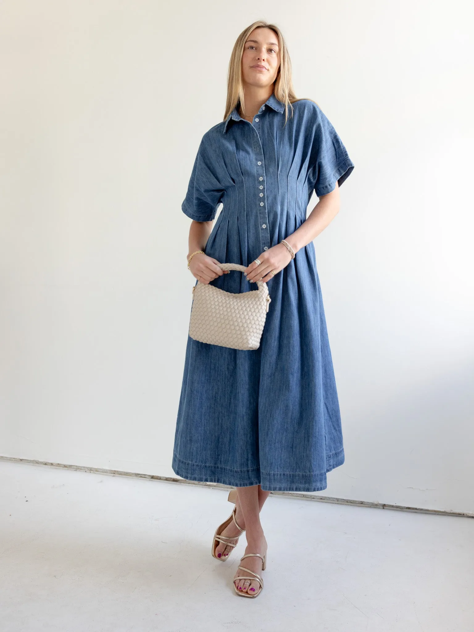 Becca Denim Midi Dress comfy mode