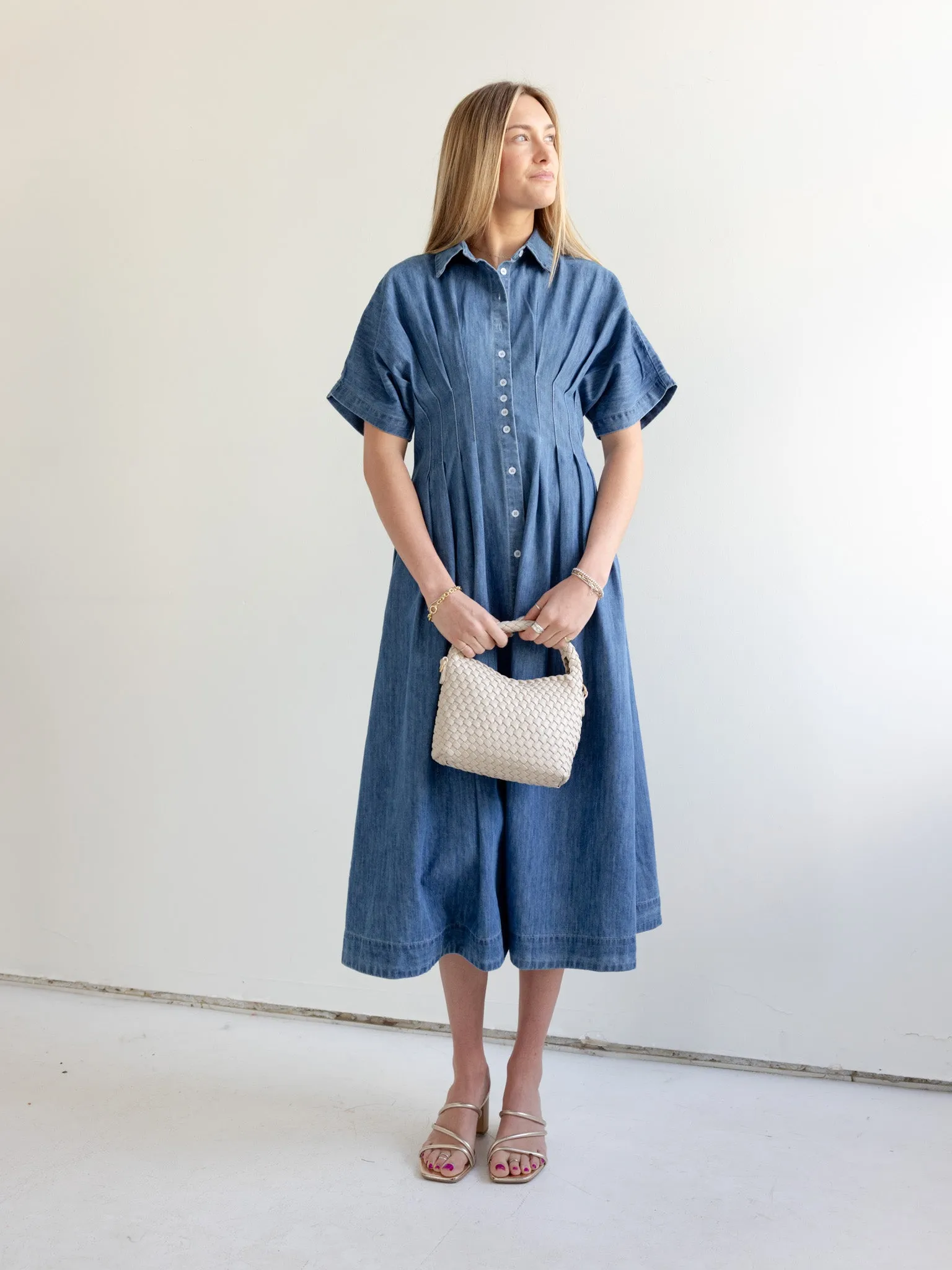 Becca Denim Midi Dress comfy mode