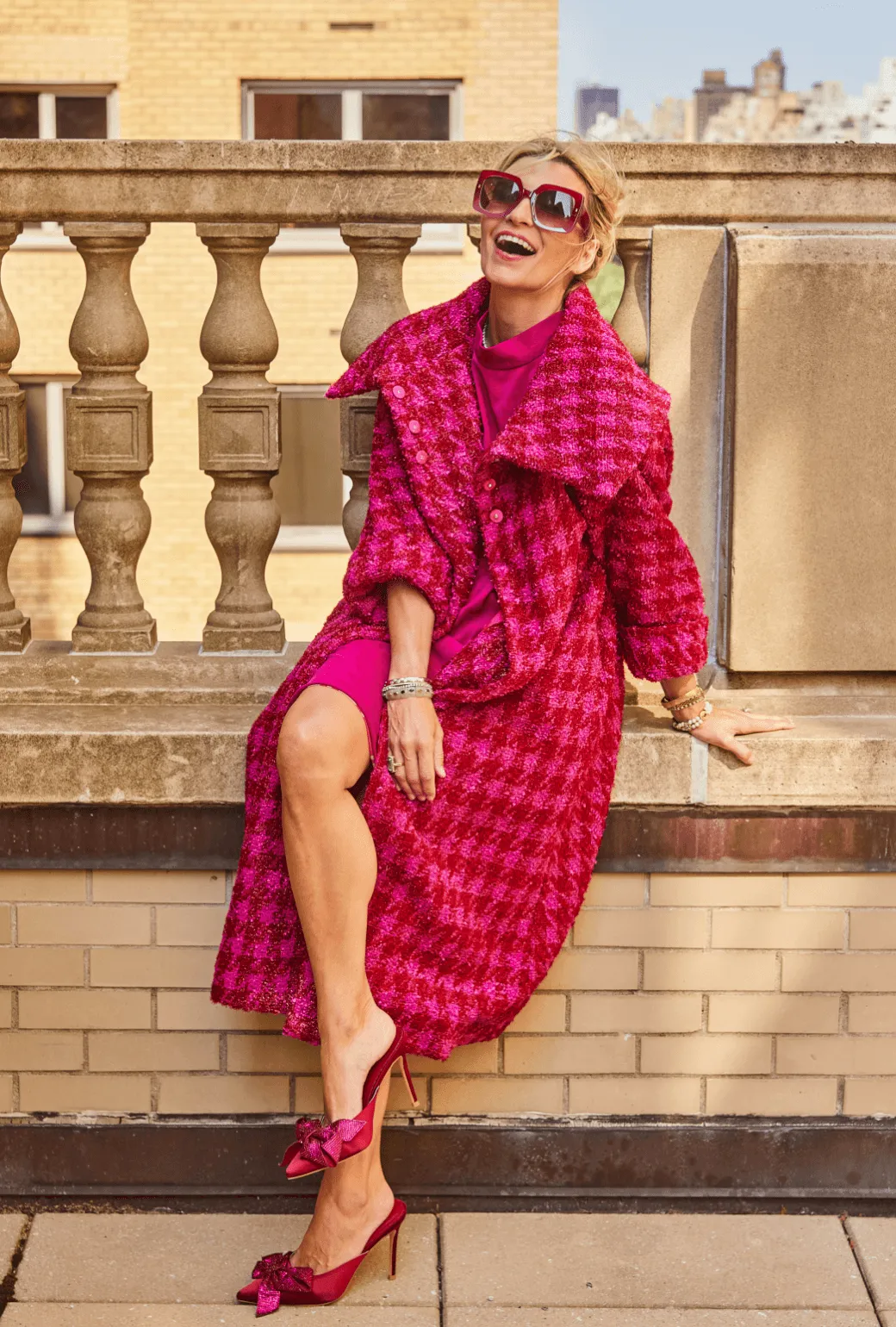 Belted Grace Coat - Pink & Red Tweed peak style