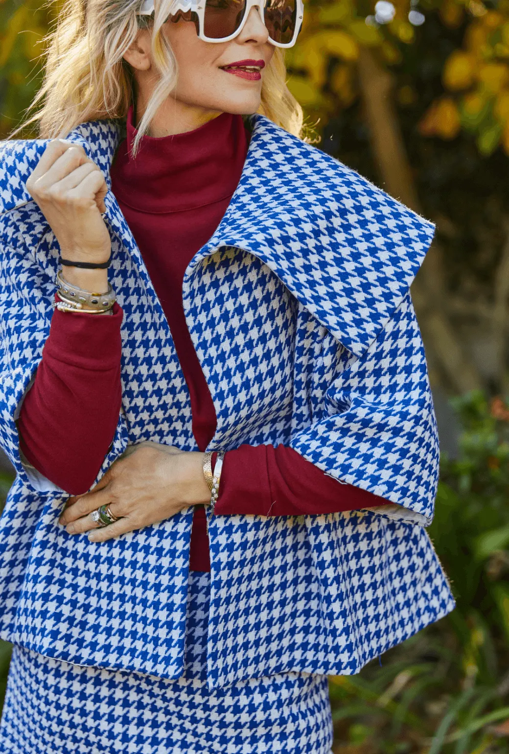 BF Cropped Car Coat -  Blue Houndstooth street fit