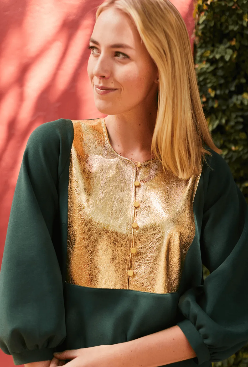 Bib Front A-line Dress - Emerald & Gold light elegance
