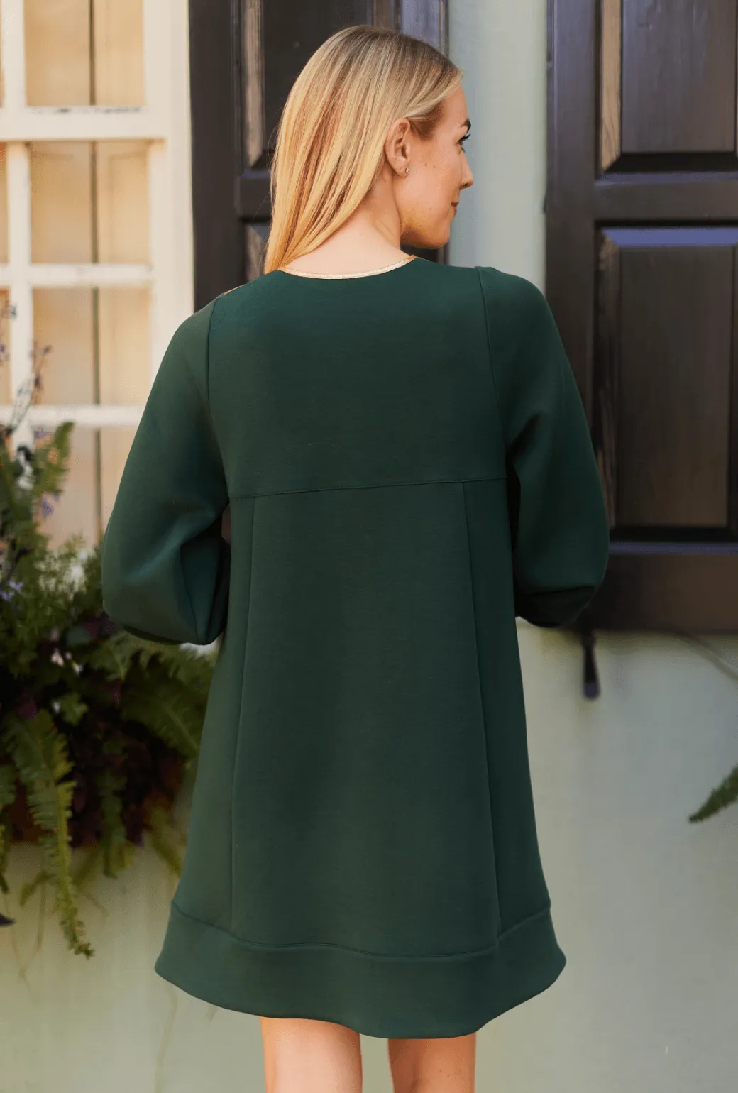 Bib Front A-line Dress - Emerald & Gold refined tone