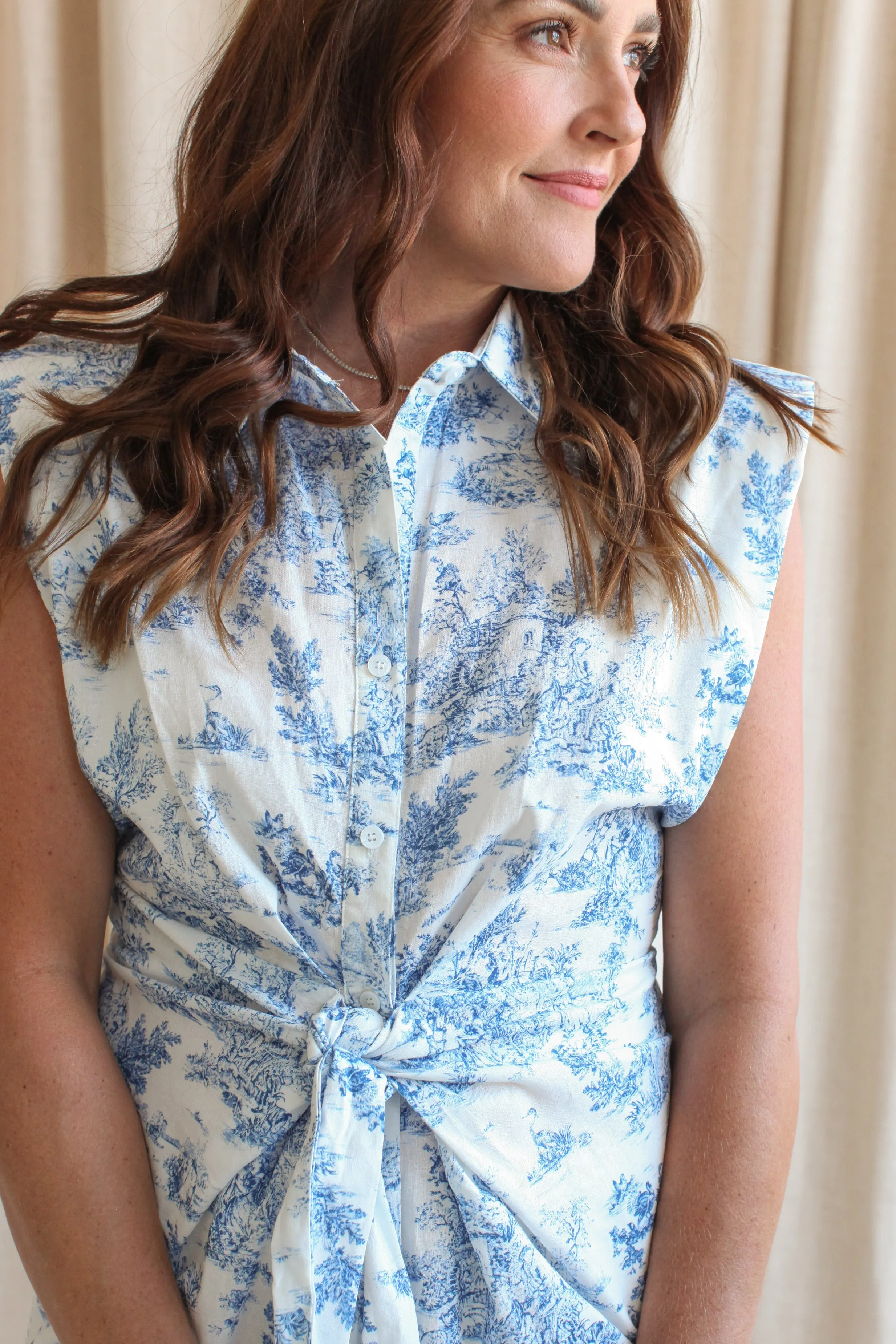 Blue Toile Knot Dress city style