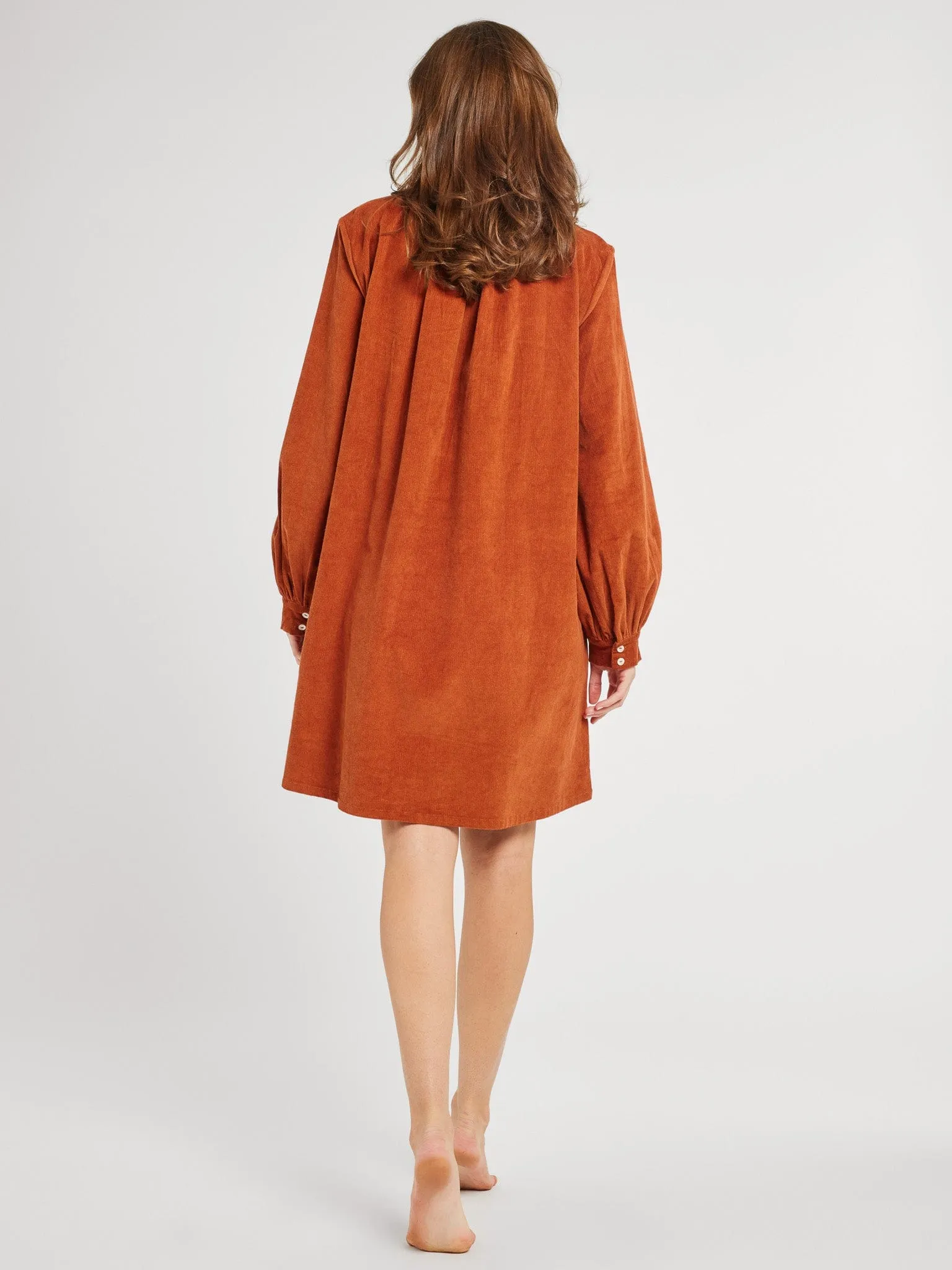 Bonnie Dress in Cinnamon Cord shine mode