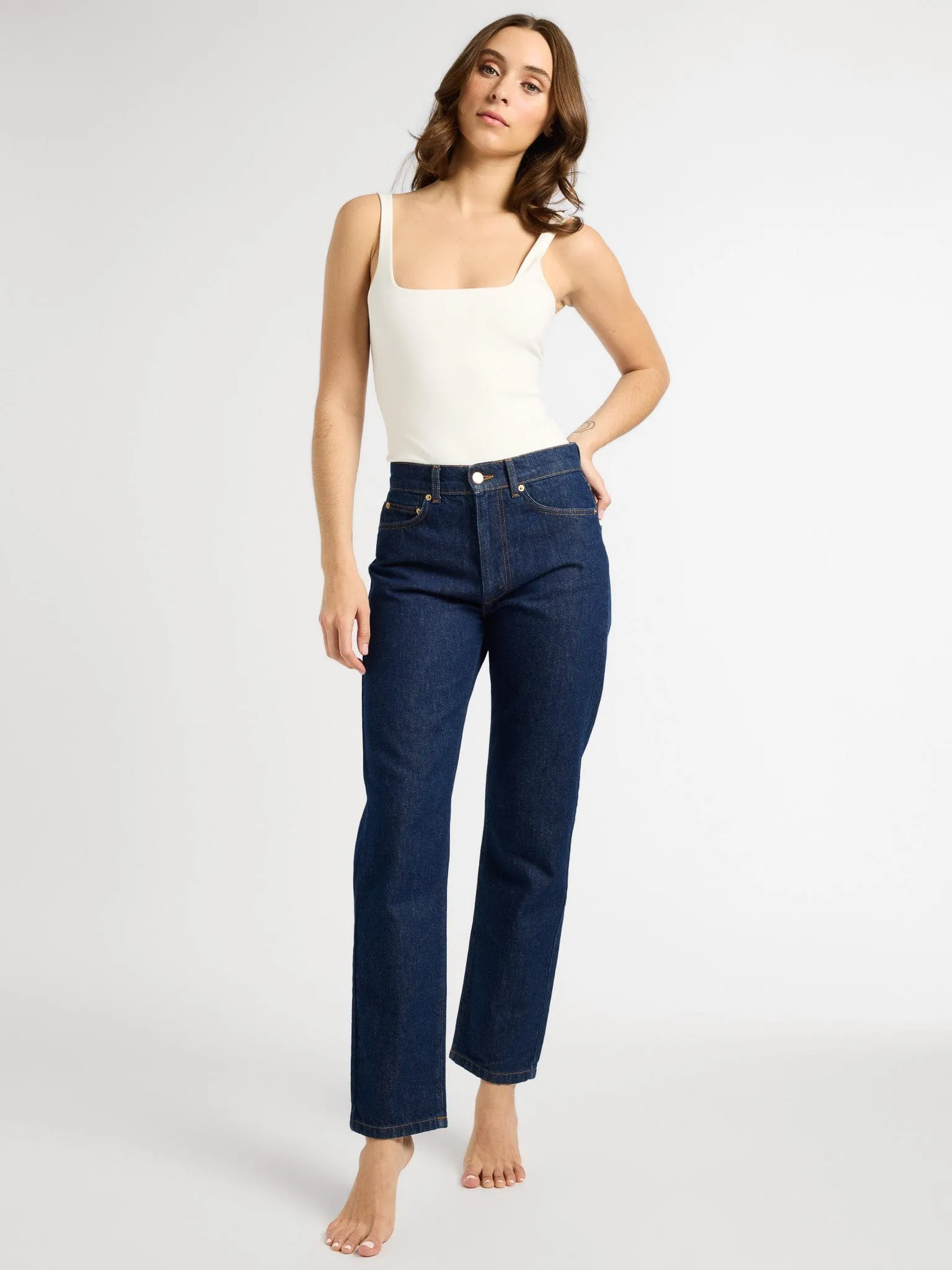 Brooke Mid Rise Slim Fit Jean in Dark Rinse relaxed comfort