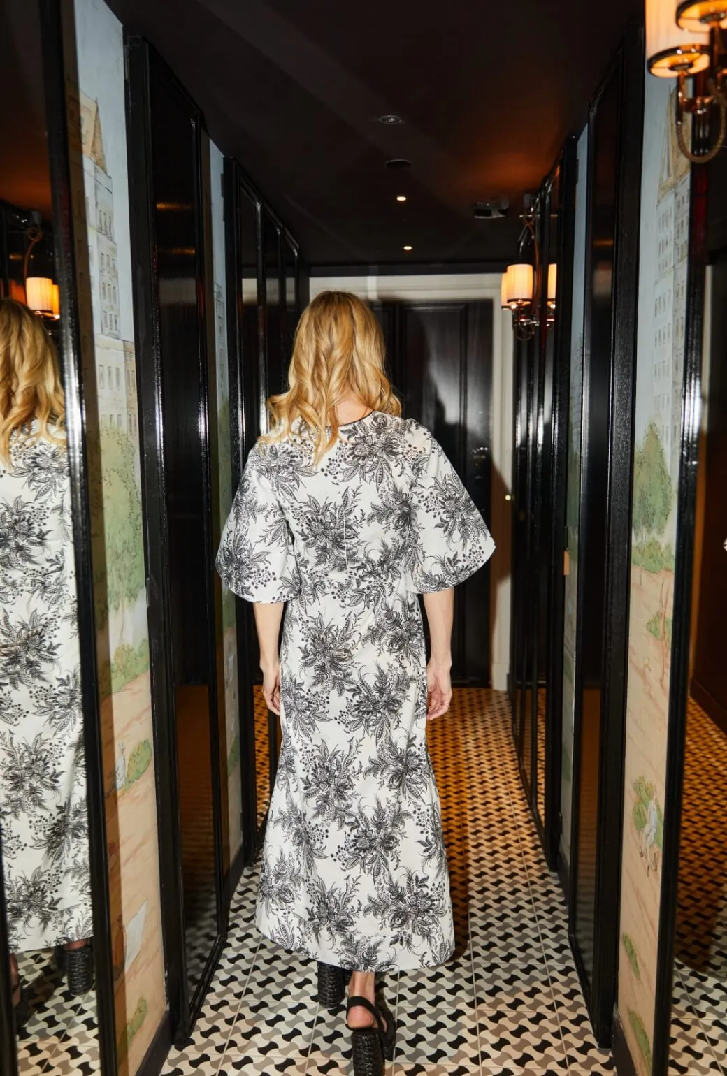 Buru x Kristin Kennedy Bell Sleeve Astor Dress - B&W Botanical evening glam