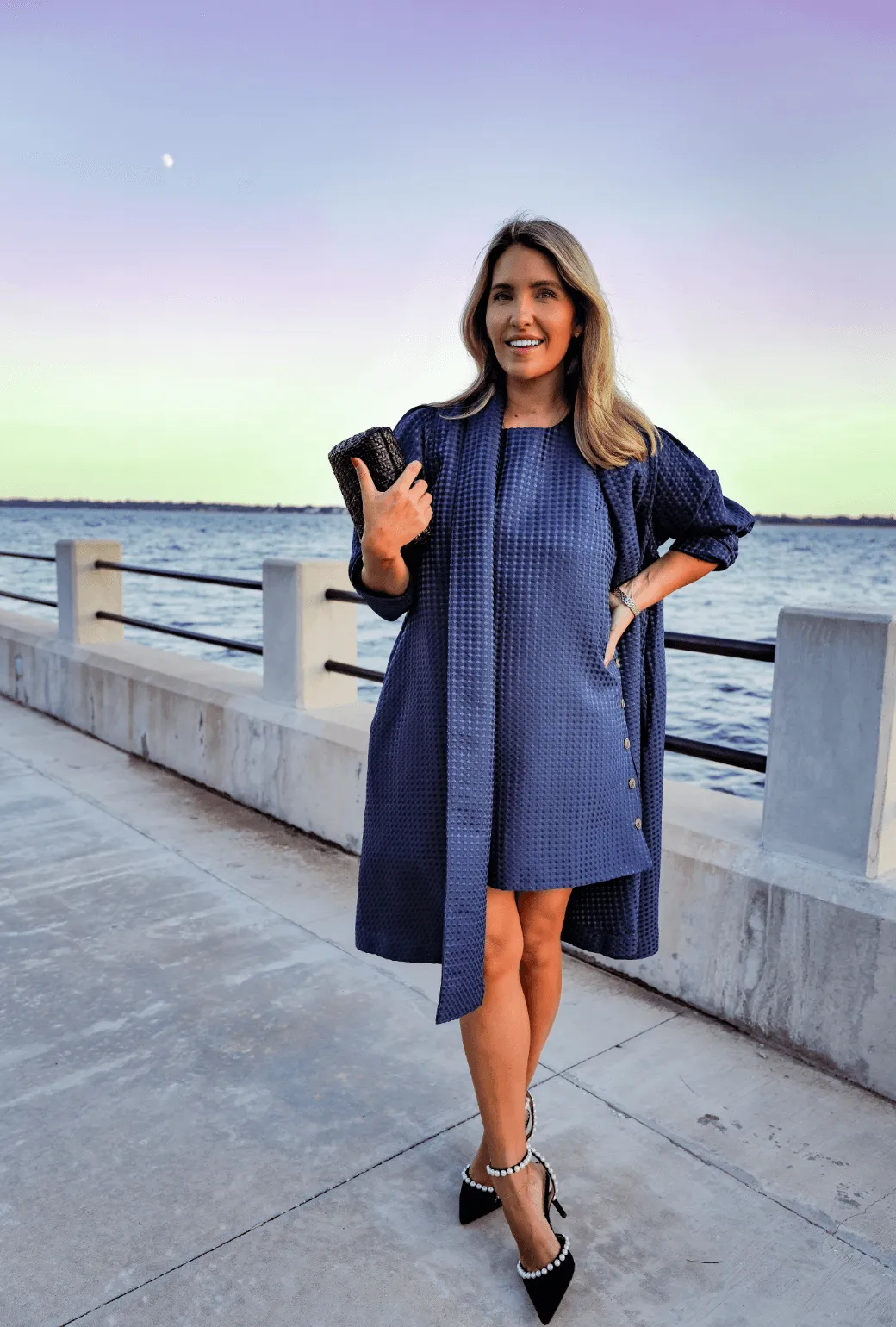 Buru x Megan Stokes Belted Swing Coat - Chelsea Blue Dot city shelter