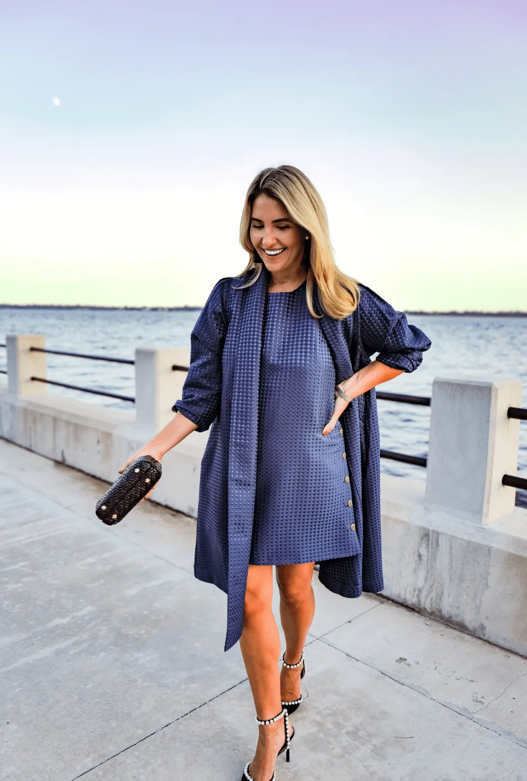 Buru x Megan Stokes Belted Swing Coat - Chelsea Blue Dot mellow form