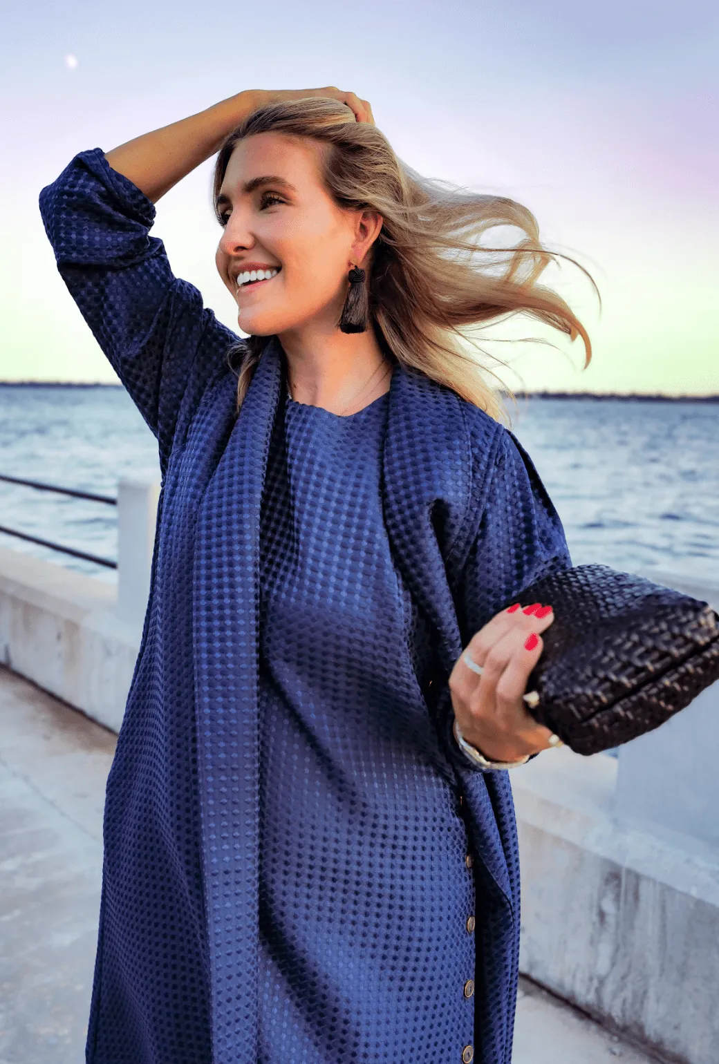 Buru x Megan Stokes Belted Swing Coat - Chelsea Blue Dot steady flair