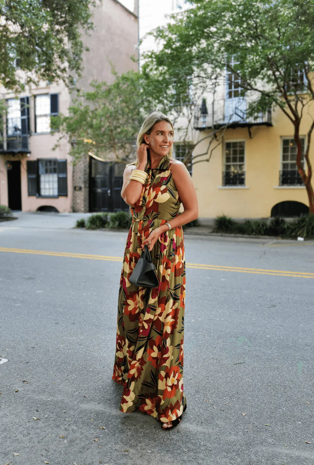 Buru x Megan Stokes Sleeveless Shirtdress - Olive Floral mix tone
