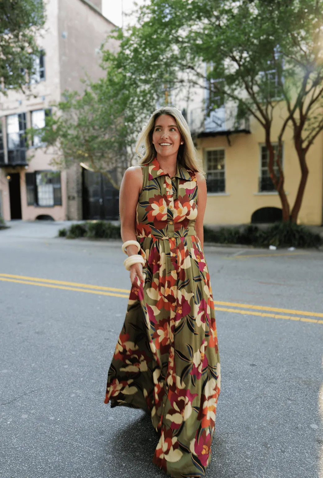 Buru x Megan Stokes Sleeveless Shirtdress - Olive Floral warm hug