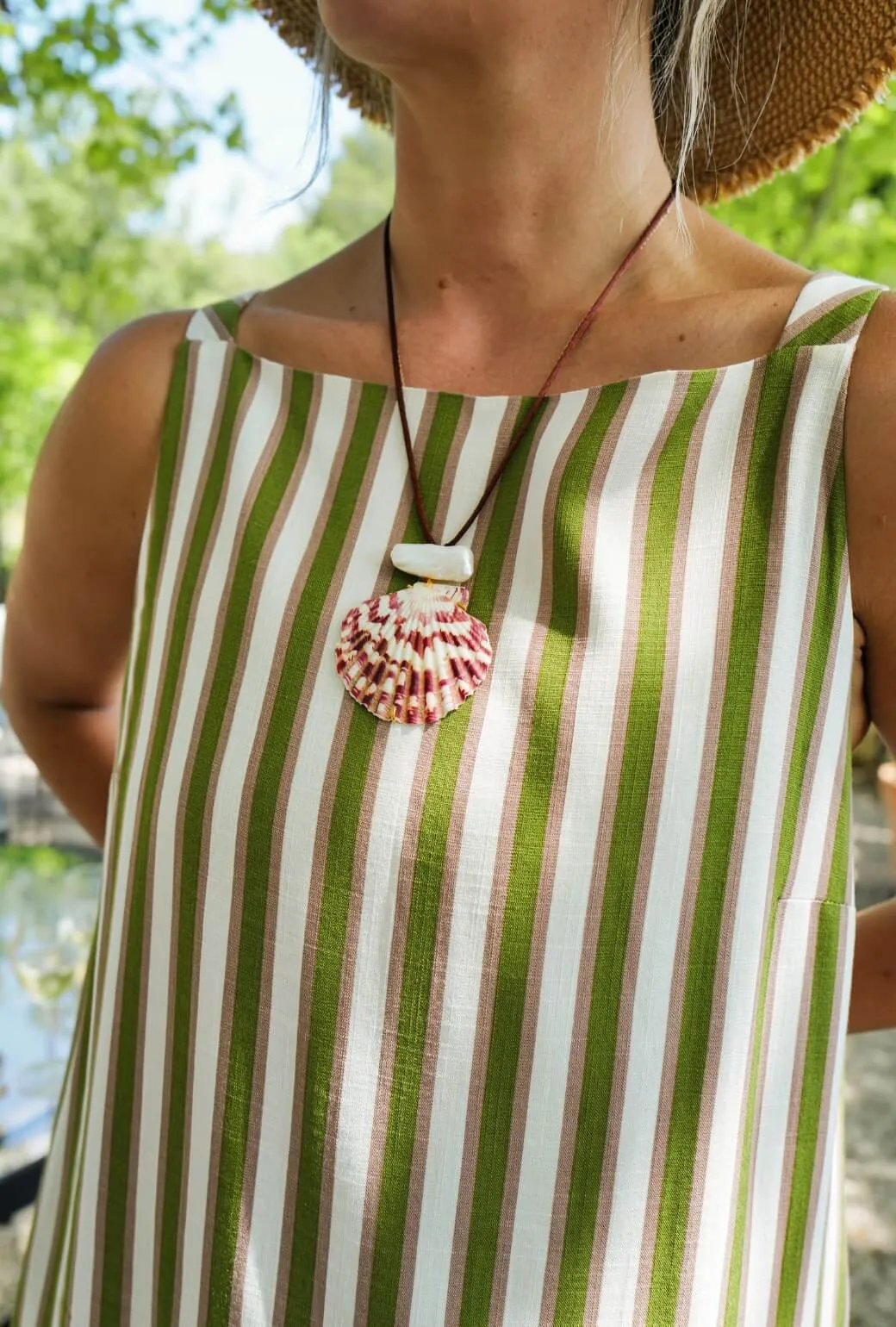 Buru x Megan Stokes The Megan Dress KNEE LENGTH - Green & Brown Stripe skin friendly