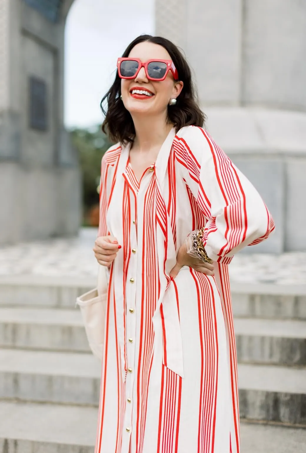 Buru x Val Bow Housecoat - Red & White Stripe feminine side