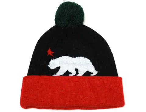Cali Bear Pom Beanie Black/White/Red retro feel