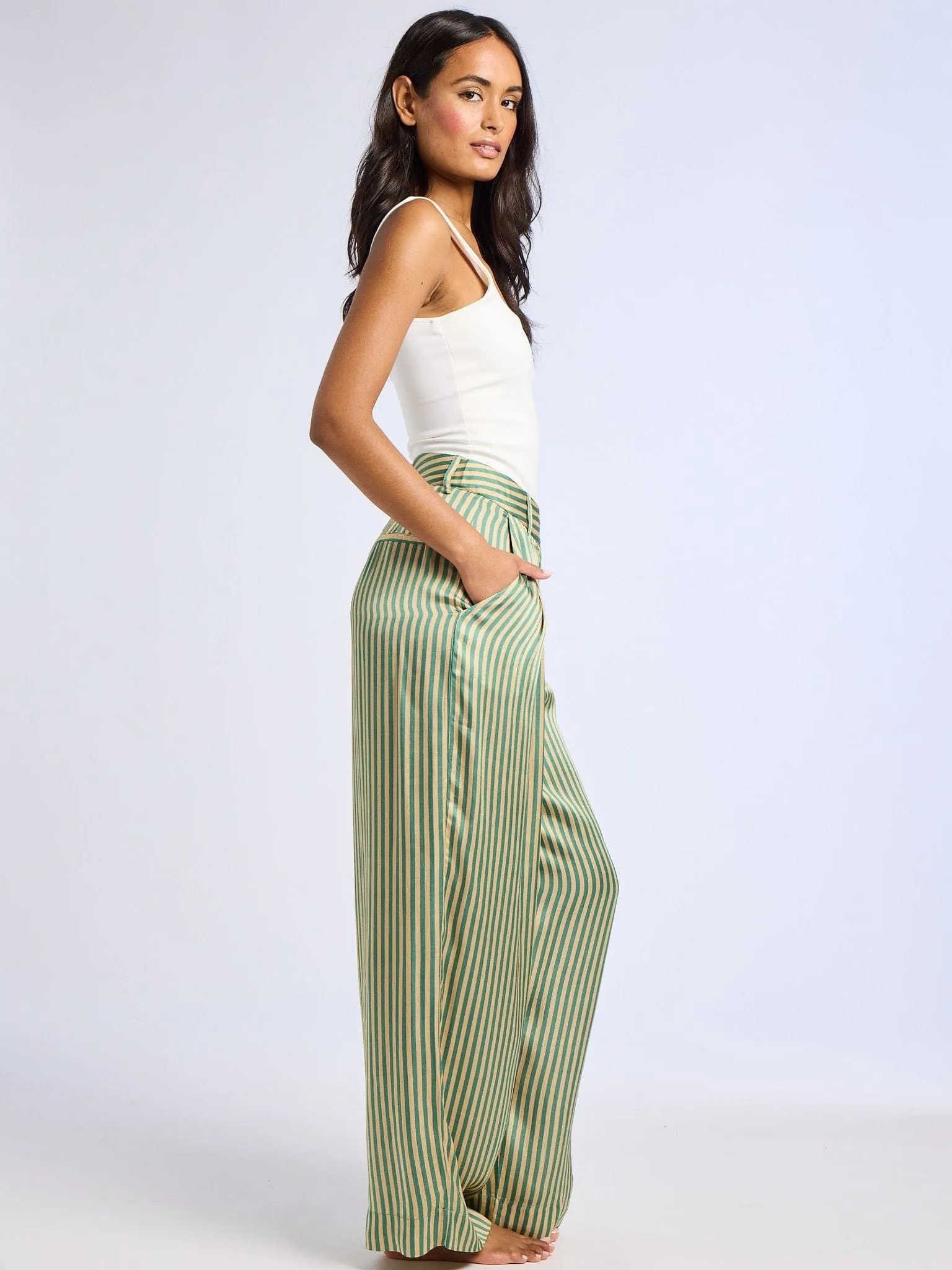 Cara Pant in Almond & Green Stripe soft texture