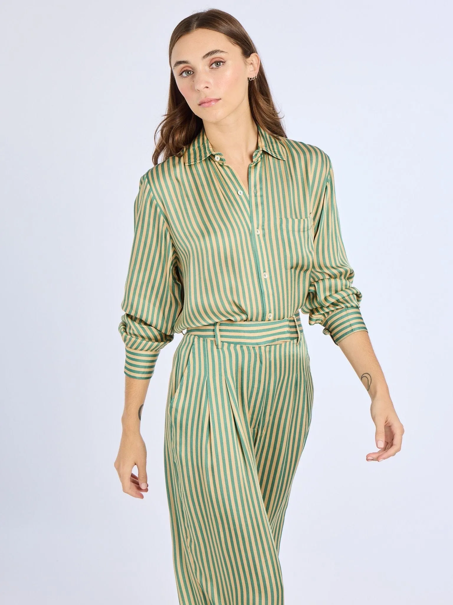 Cara Pant in Almond & Green Stripe breathable panels