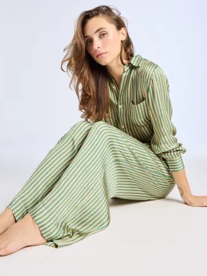 Cara Pant in Almond & Green Stripe lined interior