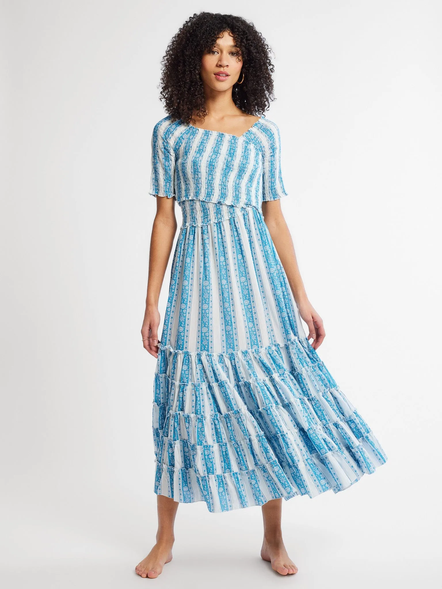Celia Dress in Aqua Jaipur Stripe skin grace