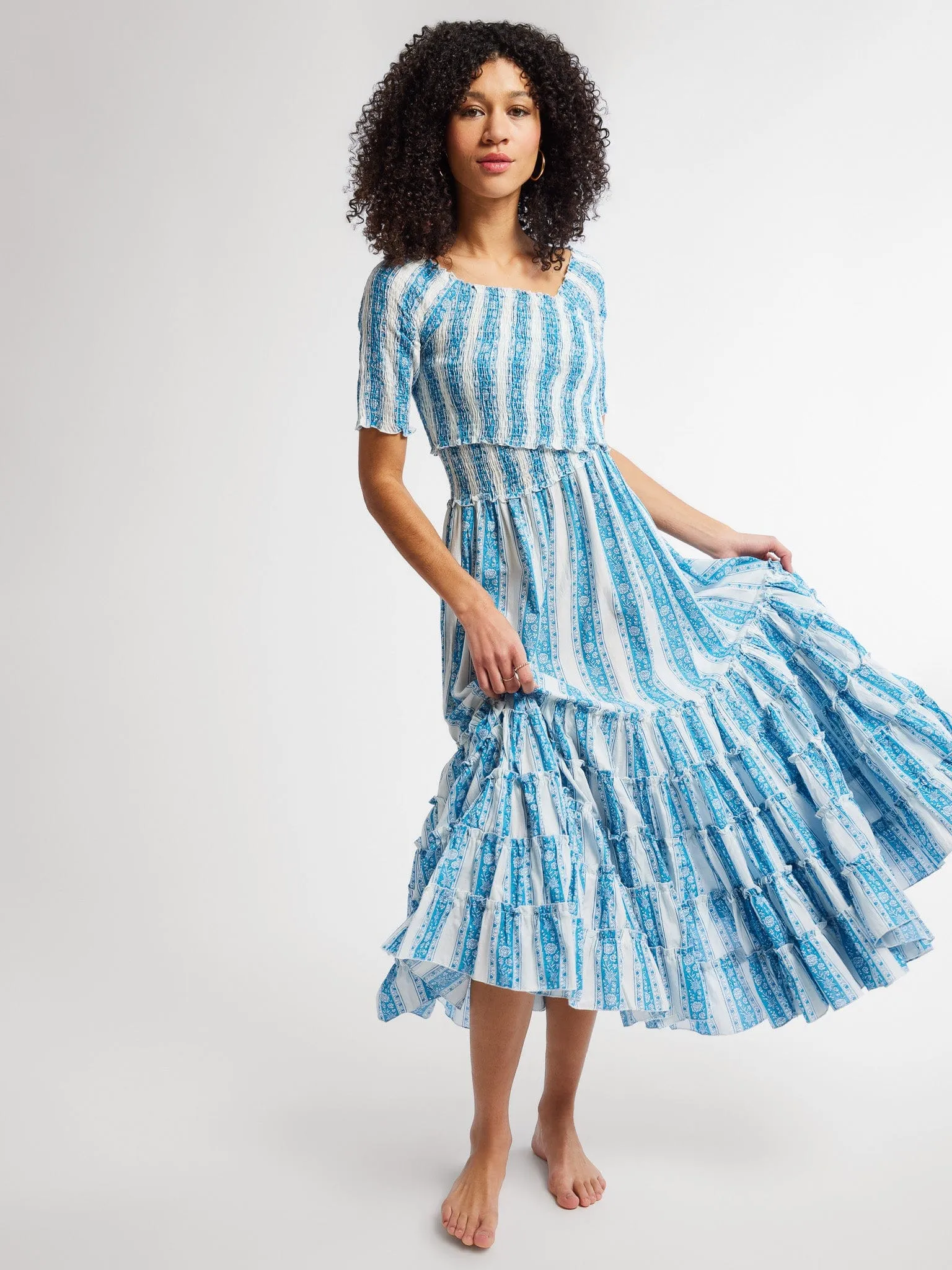 Celia Dress in Aqua Jaipur Stripe sunshine days