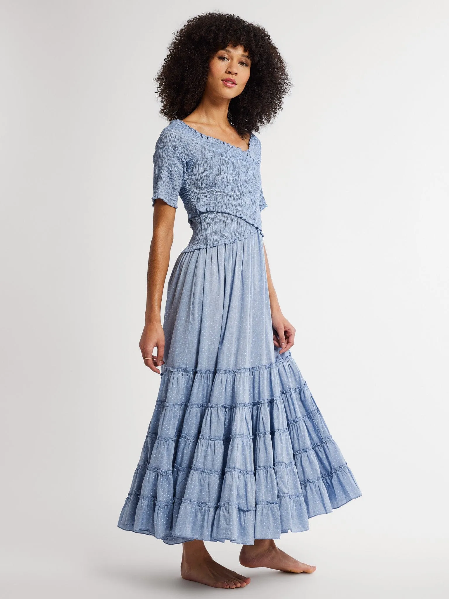 Celia Dress in Chambray Polka Dot natural style