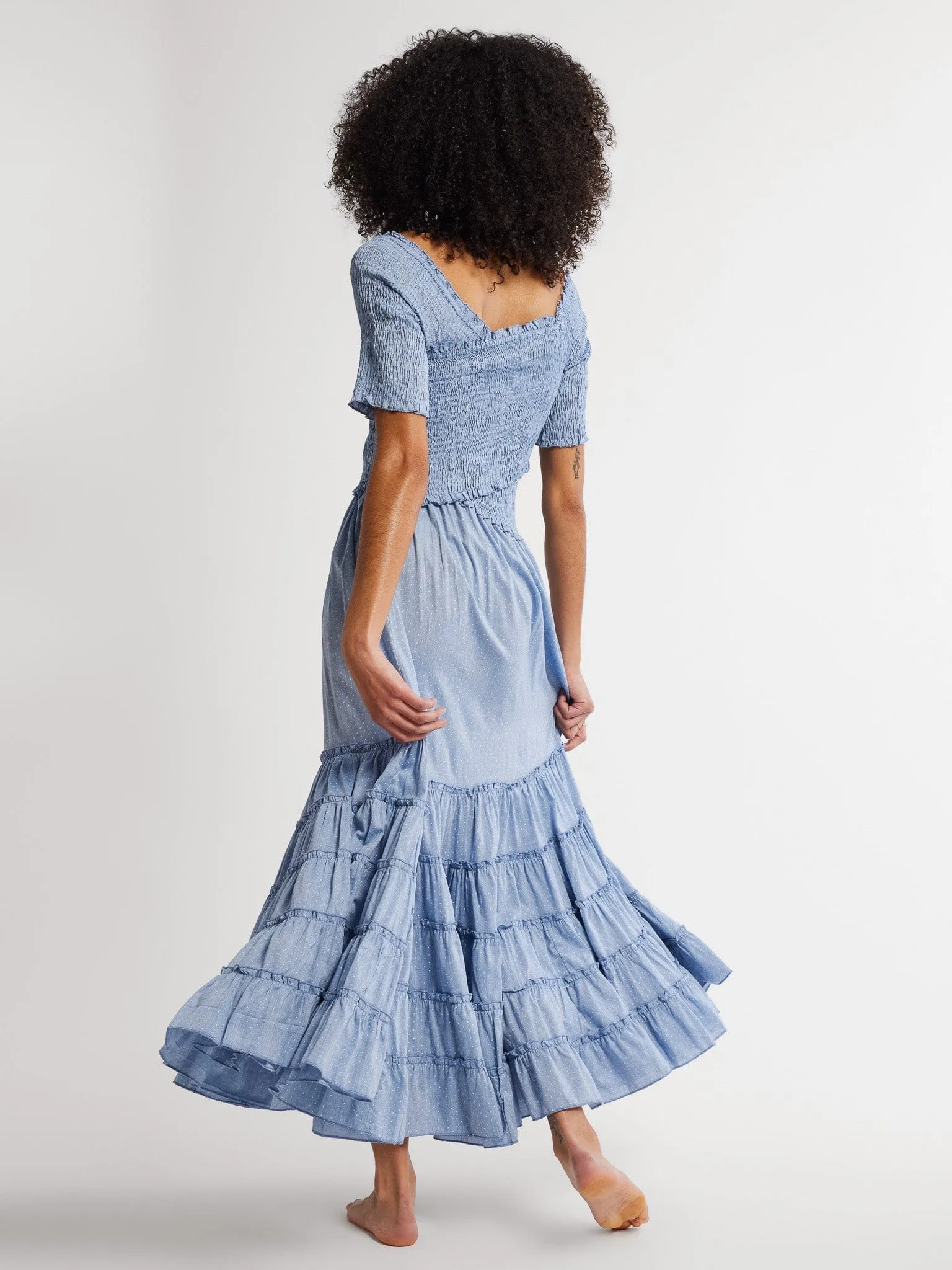 Celia Dress in Chambray Polka Dot garden charm
