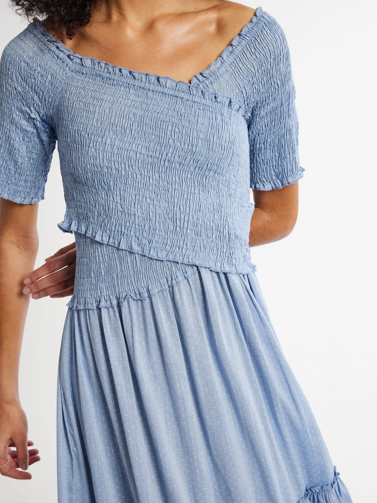 Celia Dress in Chambray Polka Dot cool edge