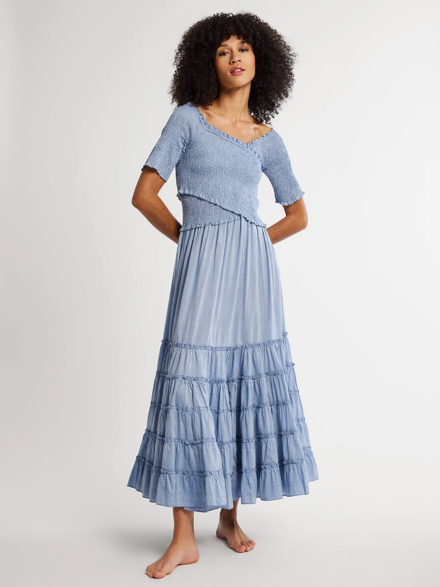Celia Dress in Chambray Polka Dot classic feel
