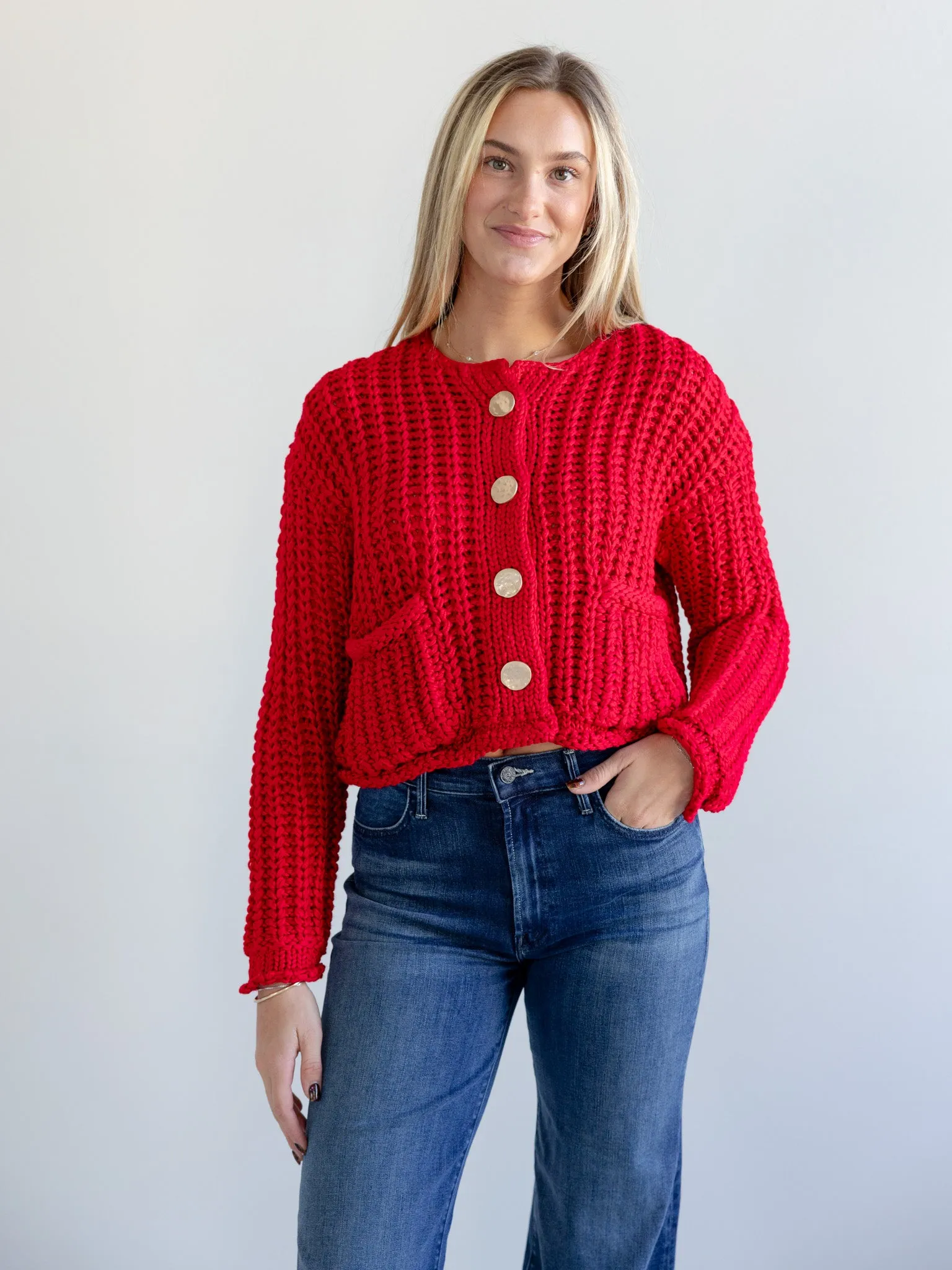 Cherry Red Cardigan Casual Ease