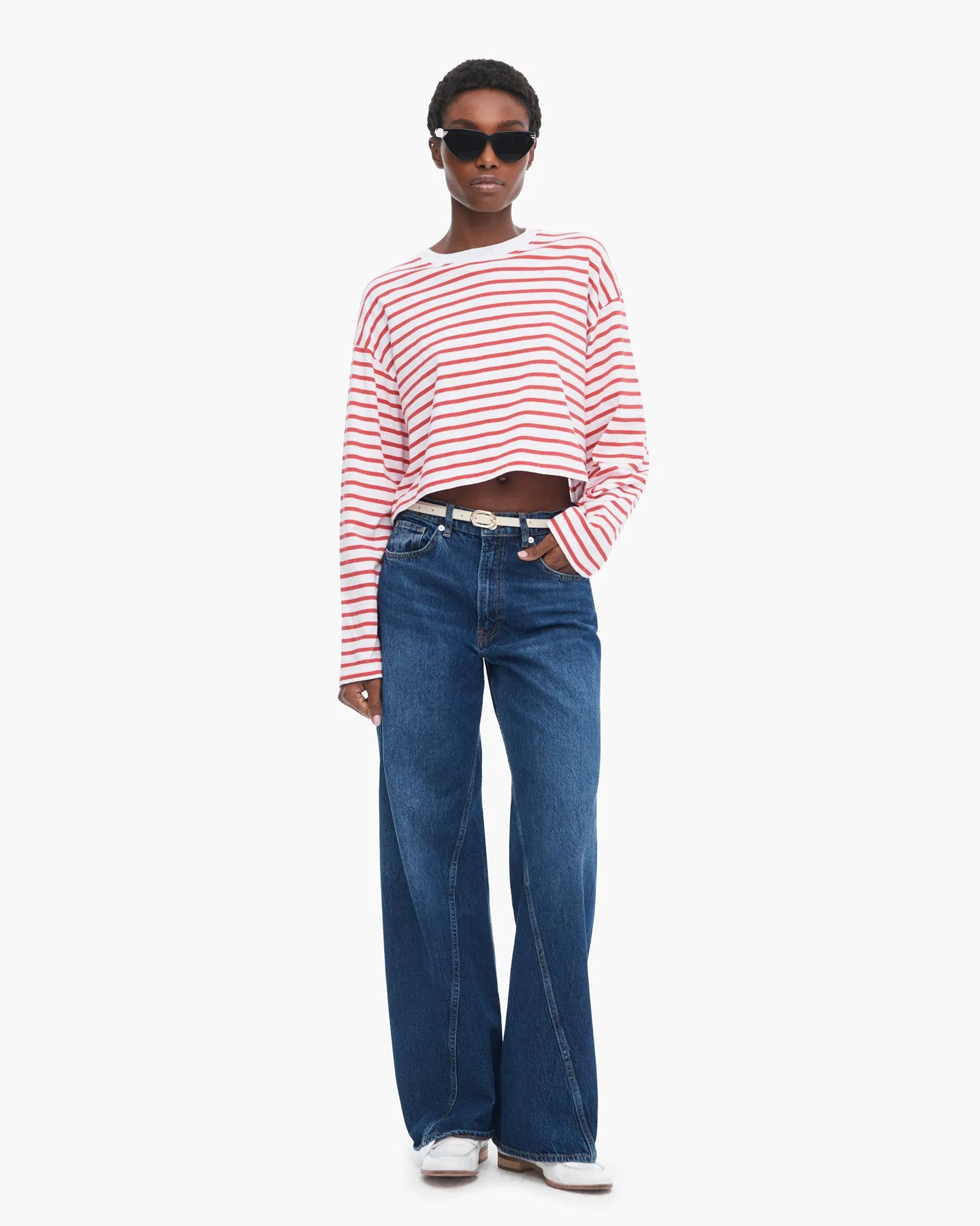 Classic Jersey Long Sleeve Crew Neck Boxy Tee - White/ Cardinal Red graphic trend