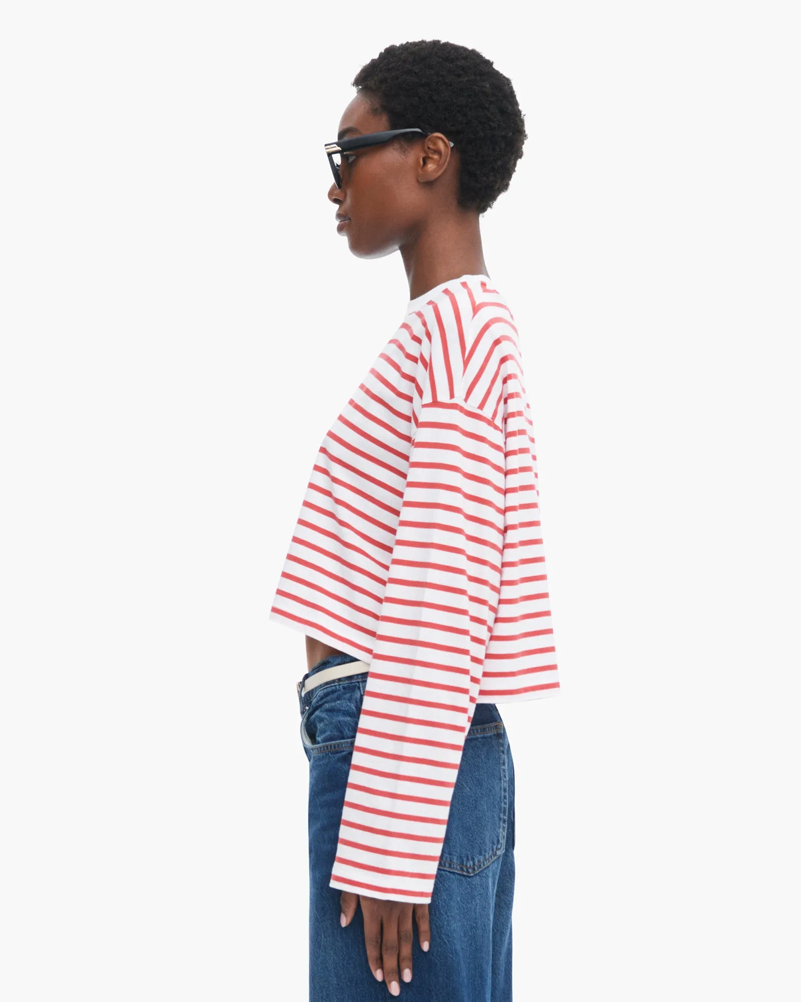 Classic Jersey Long Sleeve Crew Neck Boxy Tee - White/ Cardinal Red freedom wear