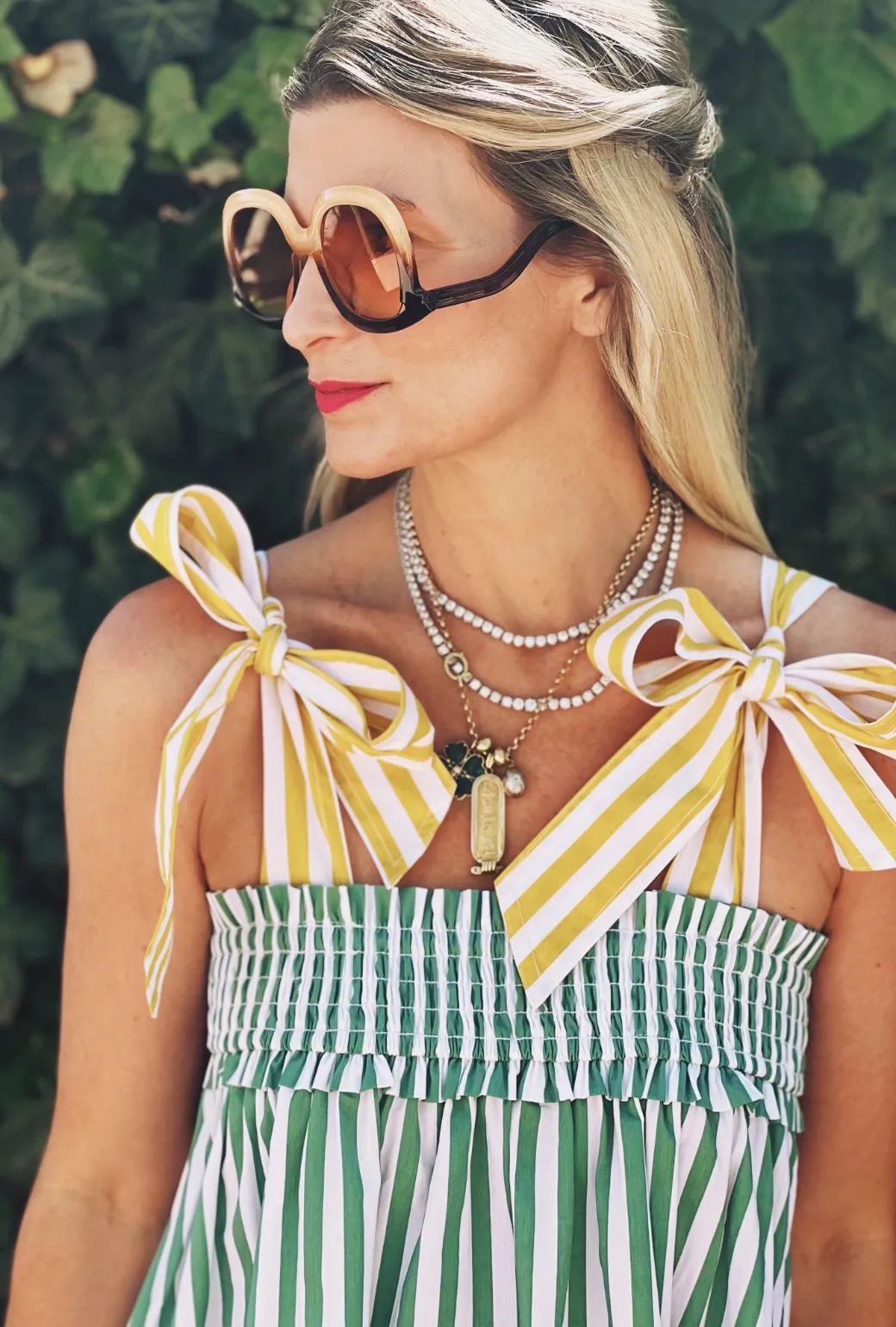 Contrast Tie Top MIDI Dress - Green & Yellow retro charm