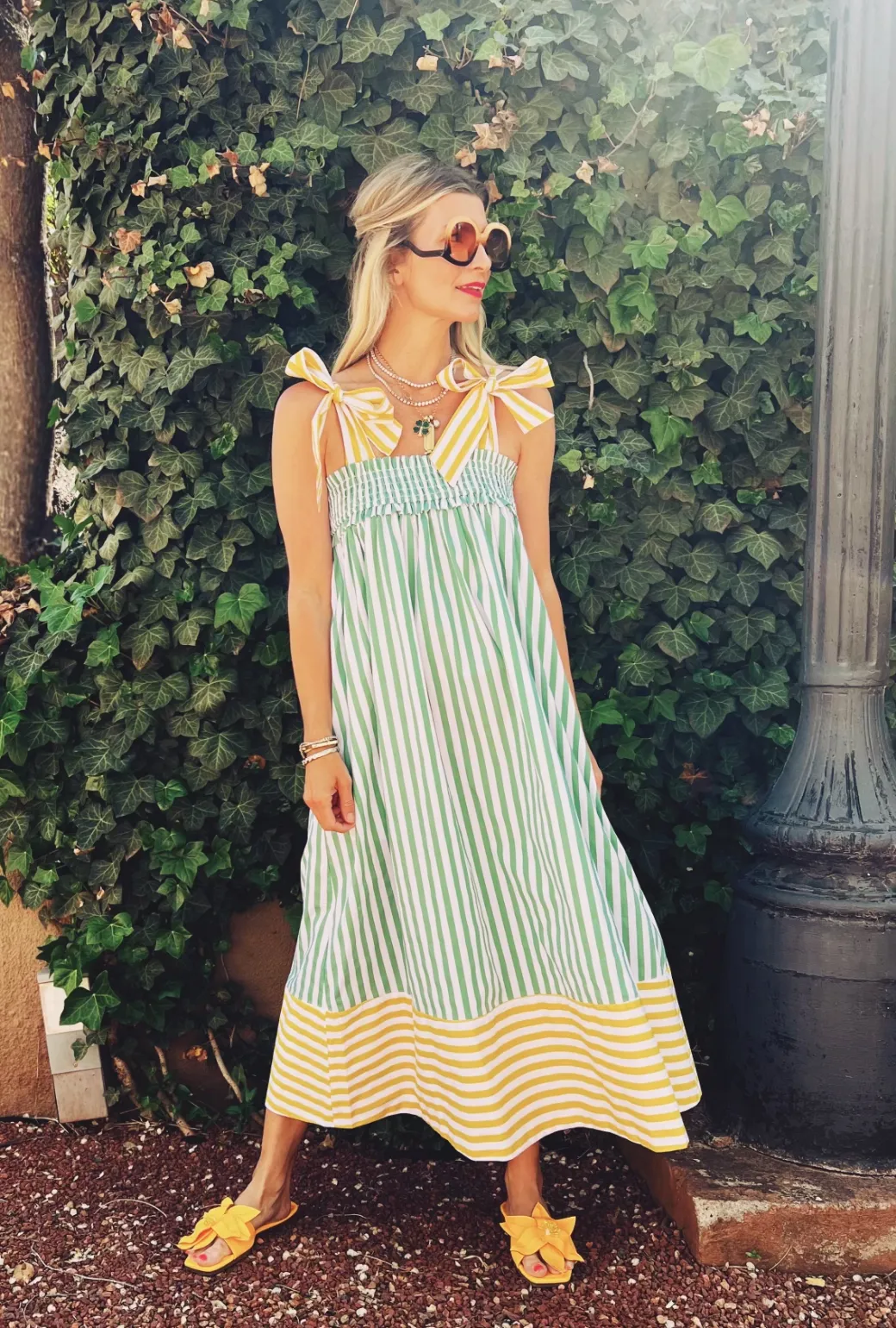 Contrast Tie Top MIDI Dress - Green & Yellow brunch look