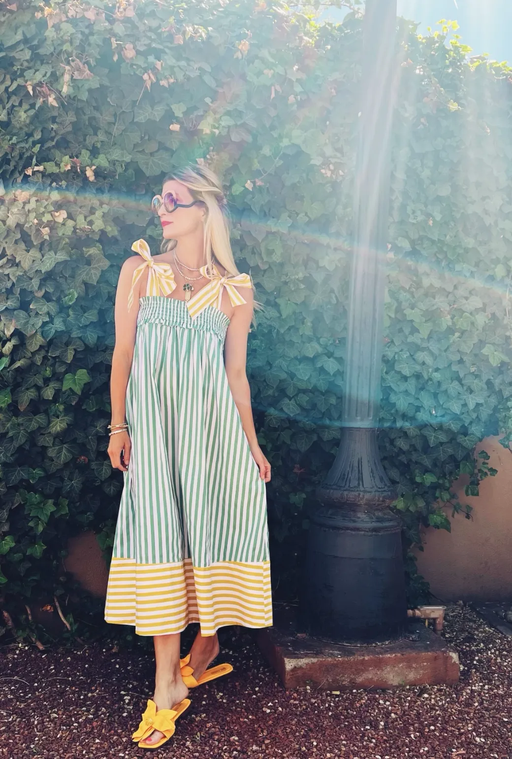 Contrast Tie Top MIDI Dress - Green & Yellow seasonal vibe