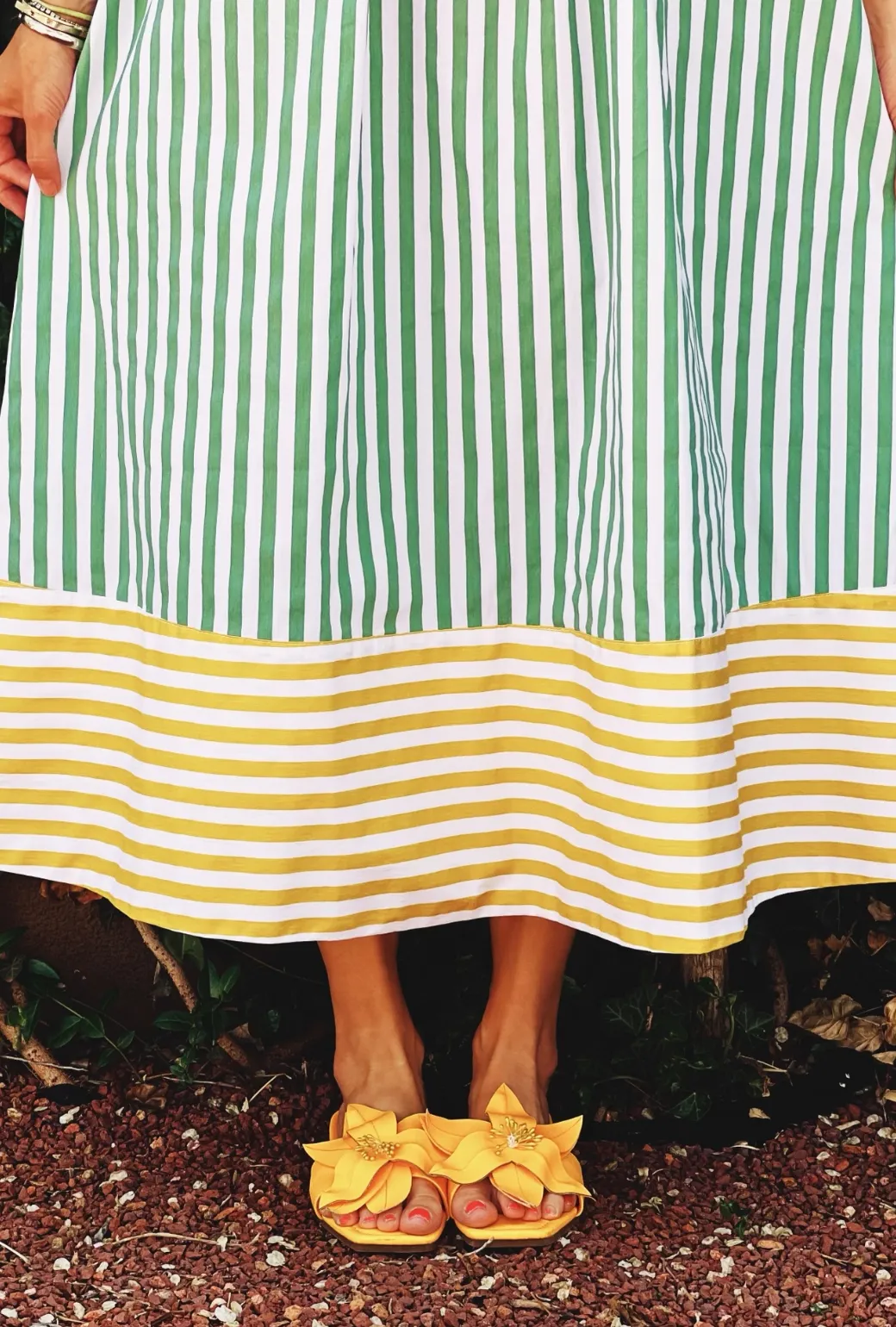 Contrast Tie Top MIDI Dress - Green & Yellow easy charm