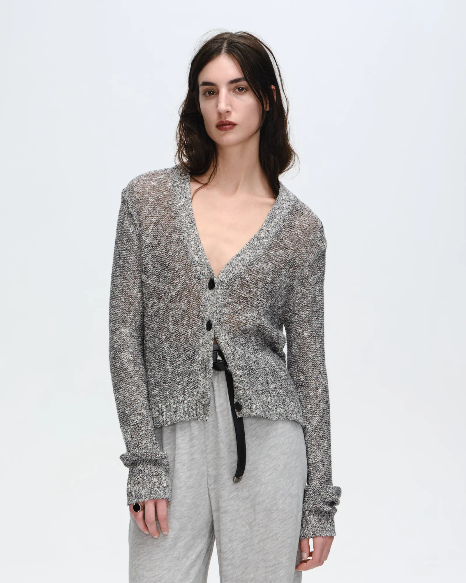Cotton Blend Rib Detail Cardigan - Black Marl Neutral Ease