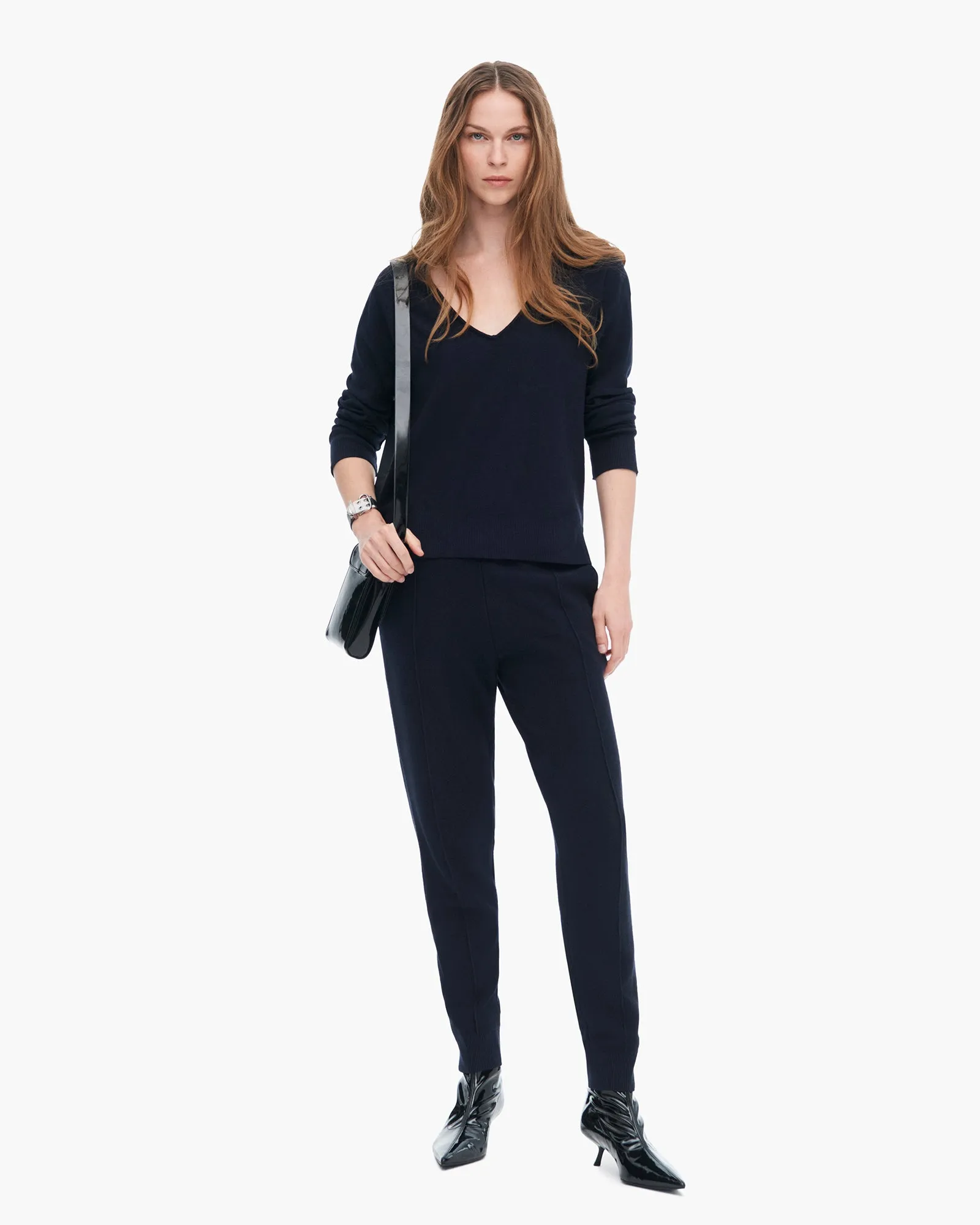 Cotton Cashmere Boxy V-Neck Sweater - Dark Navy Sky Blue