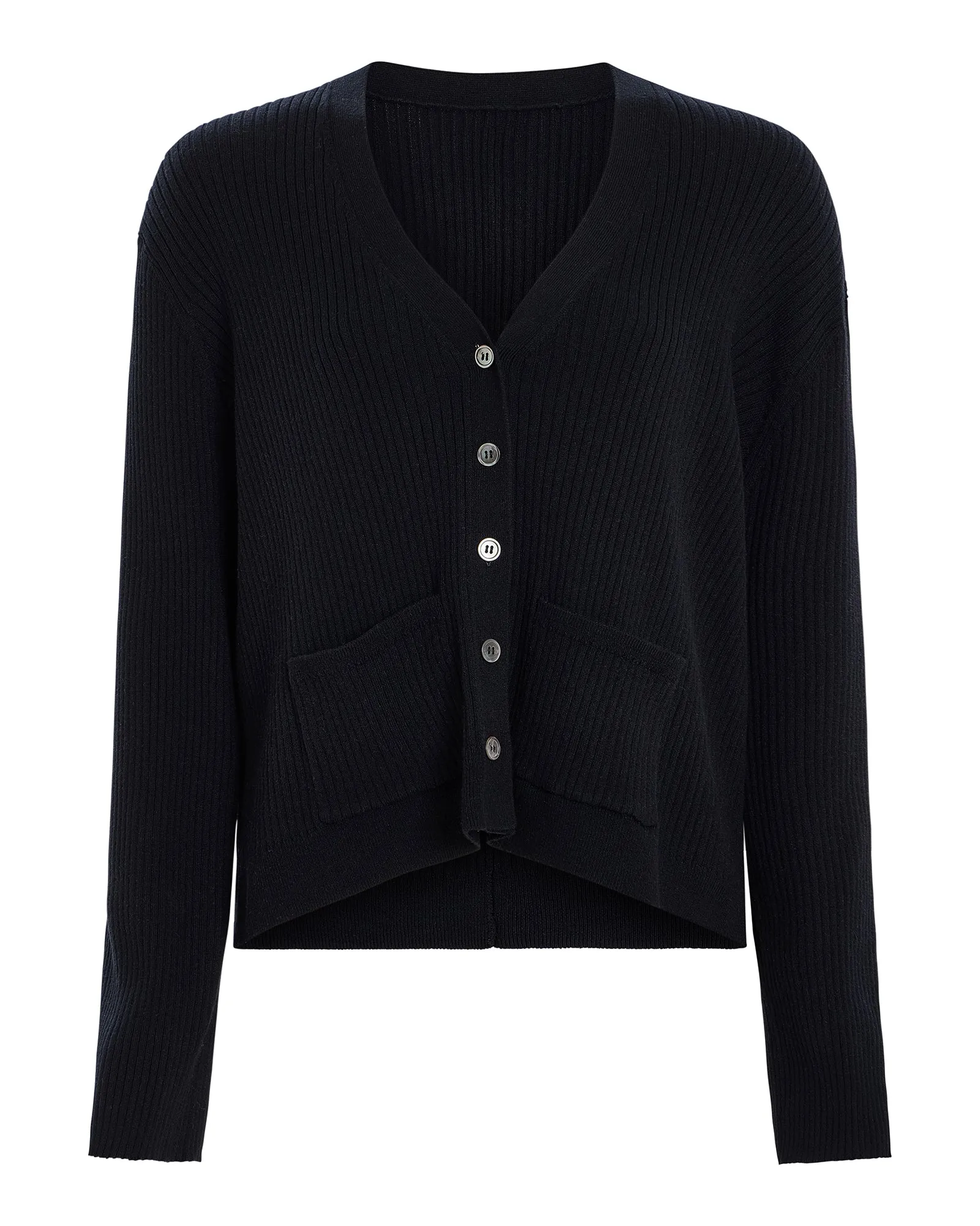 Cotton Cashmere Ribbed Long Sleeve Cardigan - Black Style Tone
