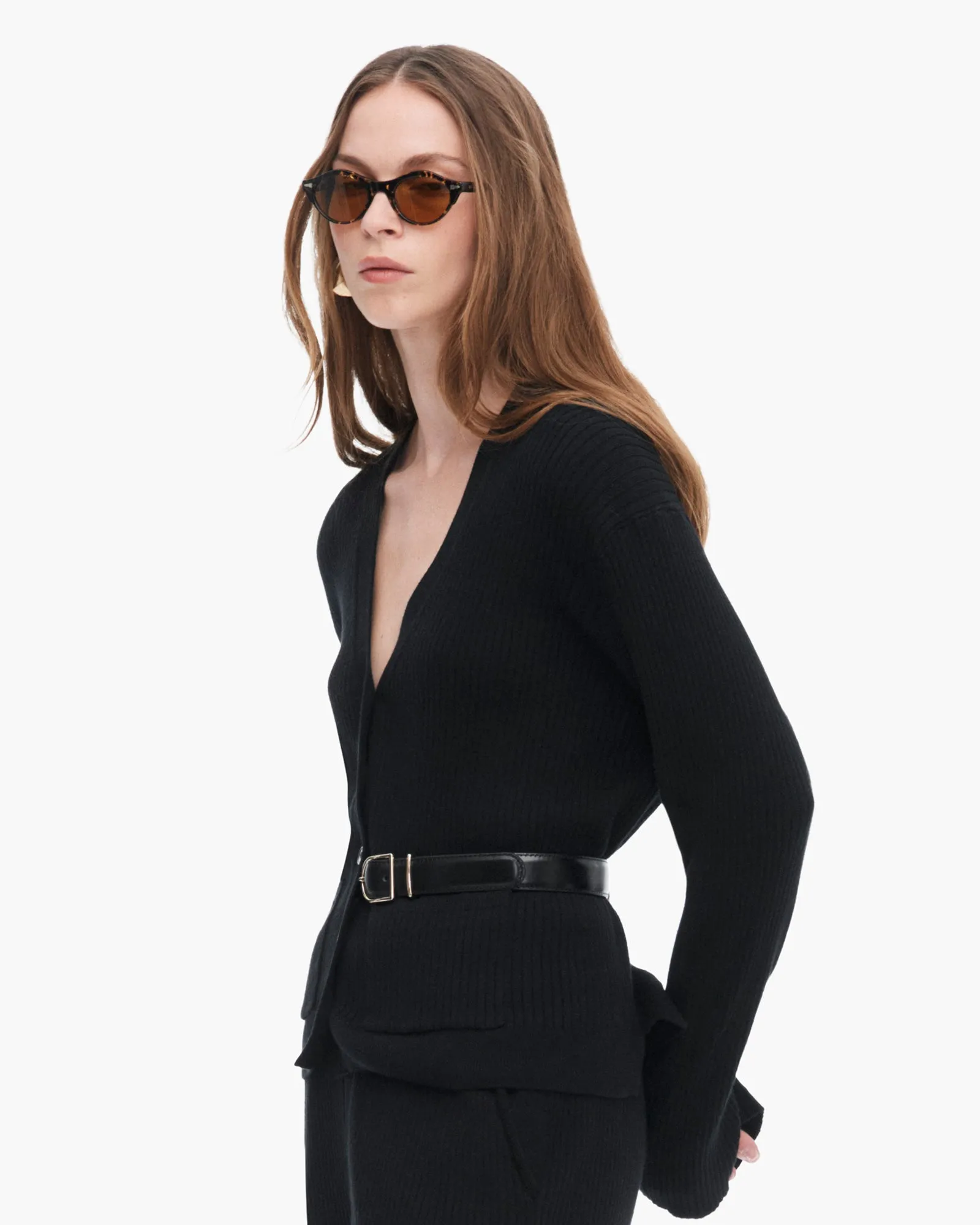 Cotton Cashmere Ribbed Long Sleeve Cardigan - Black Street Fit