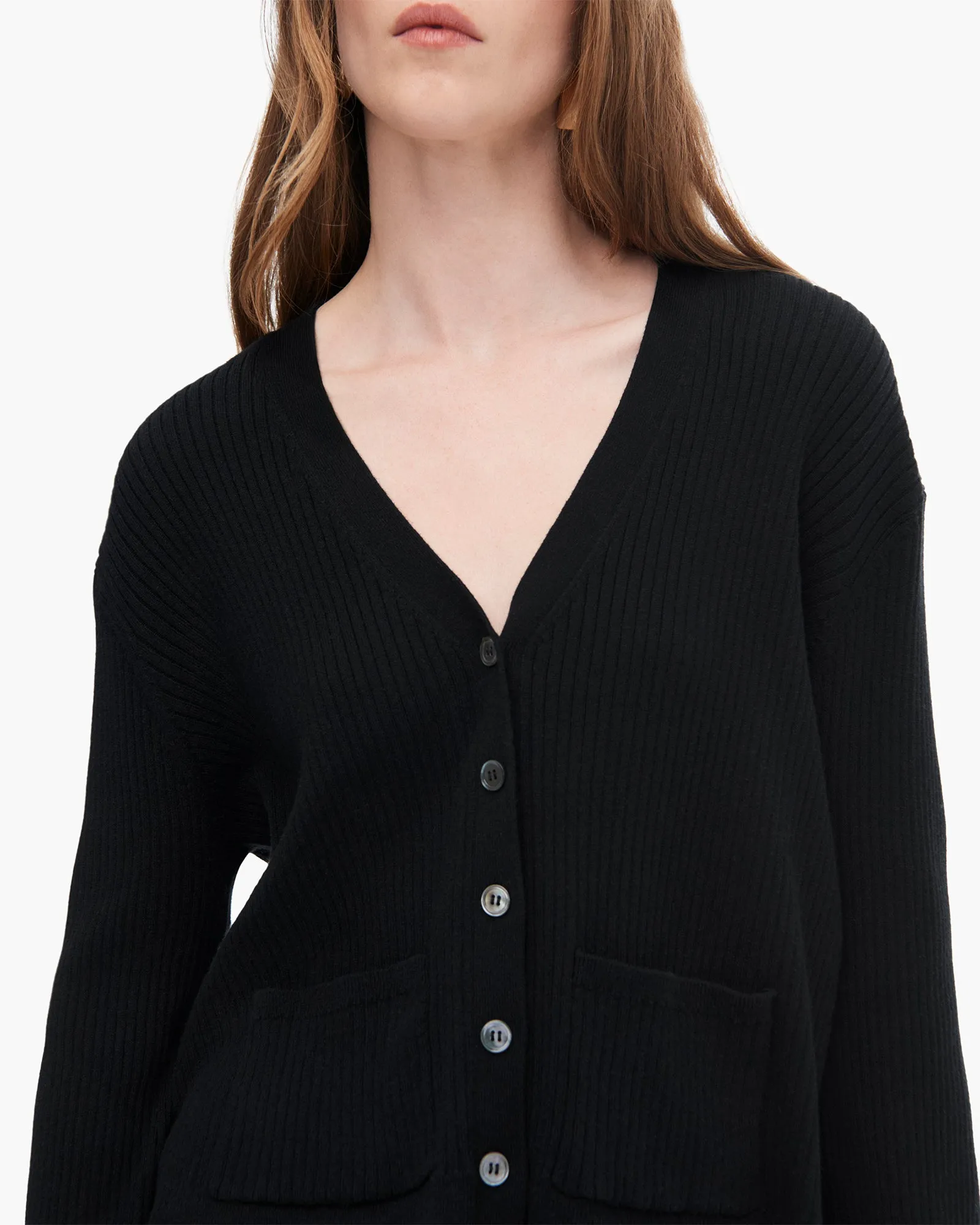 Cotton Cashmere Ribbed Long Sleeve Cardigan - Black Campus Cool