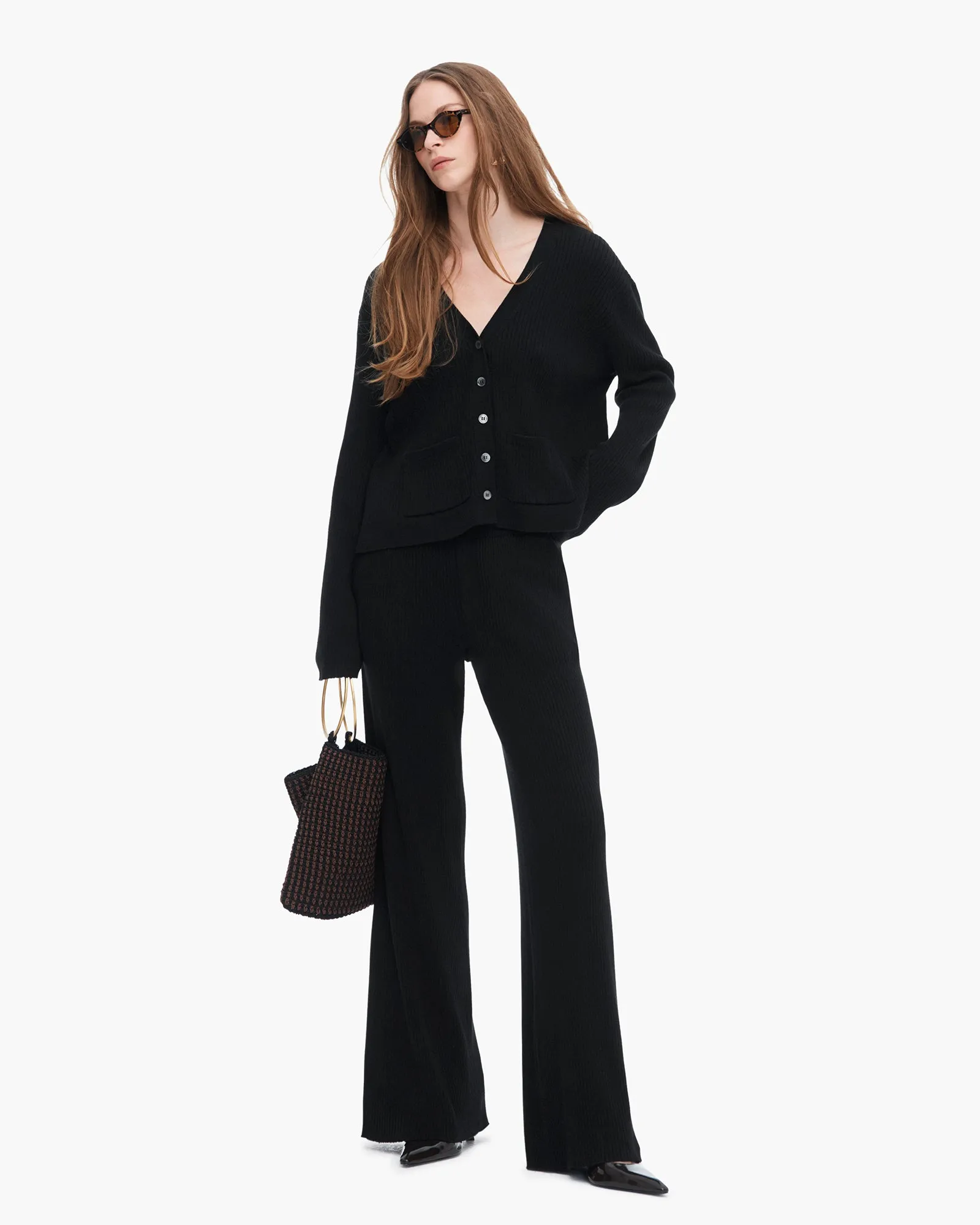Cotton Cashmere Ribbed Long Sleeve Cardigan - Black Winter Flow