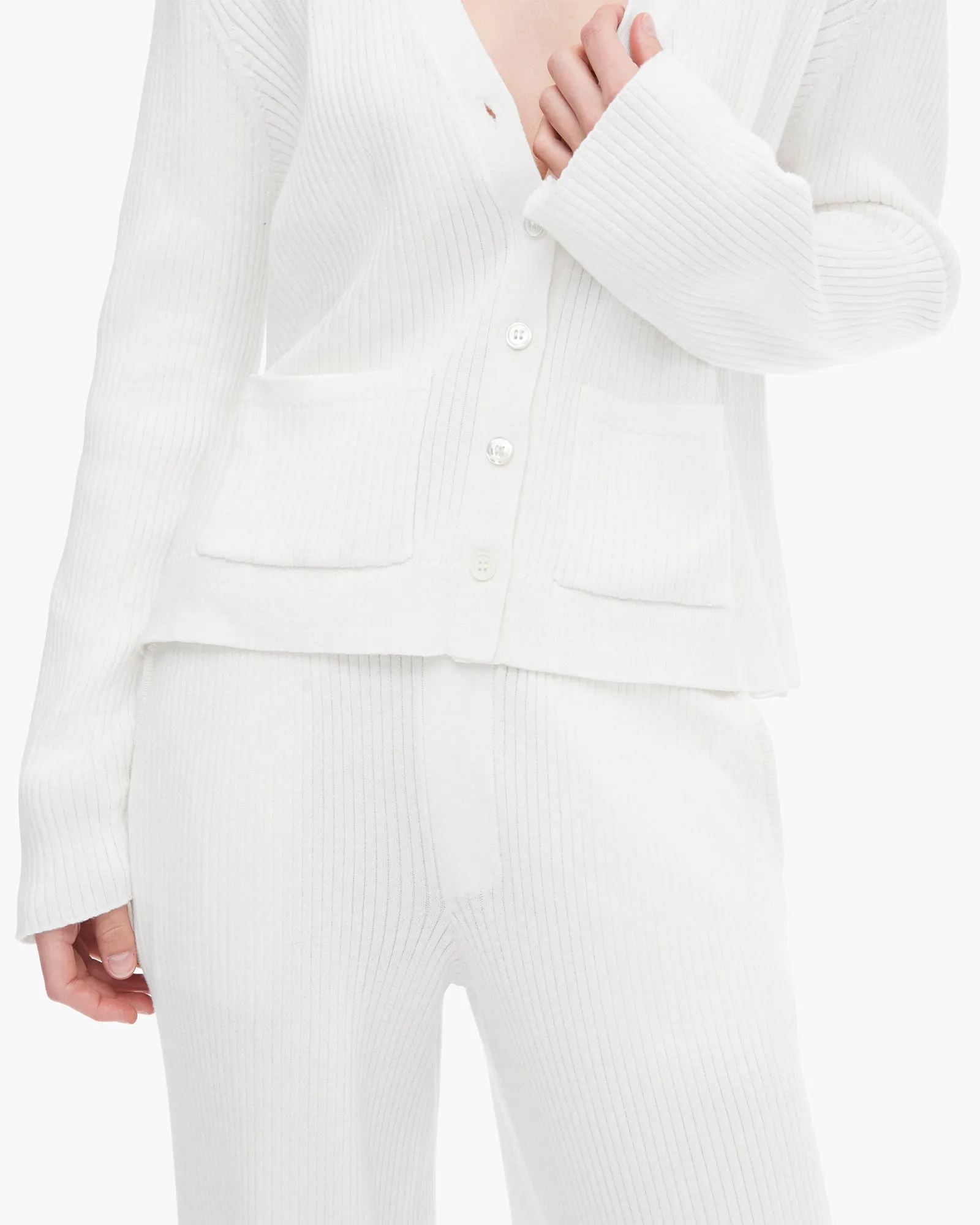 Cotton Cashmere Ribbed Long Sleeve Cardigan - White Snug Fit